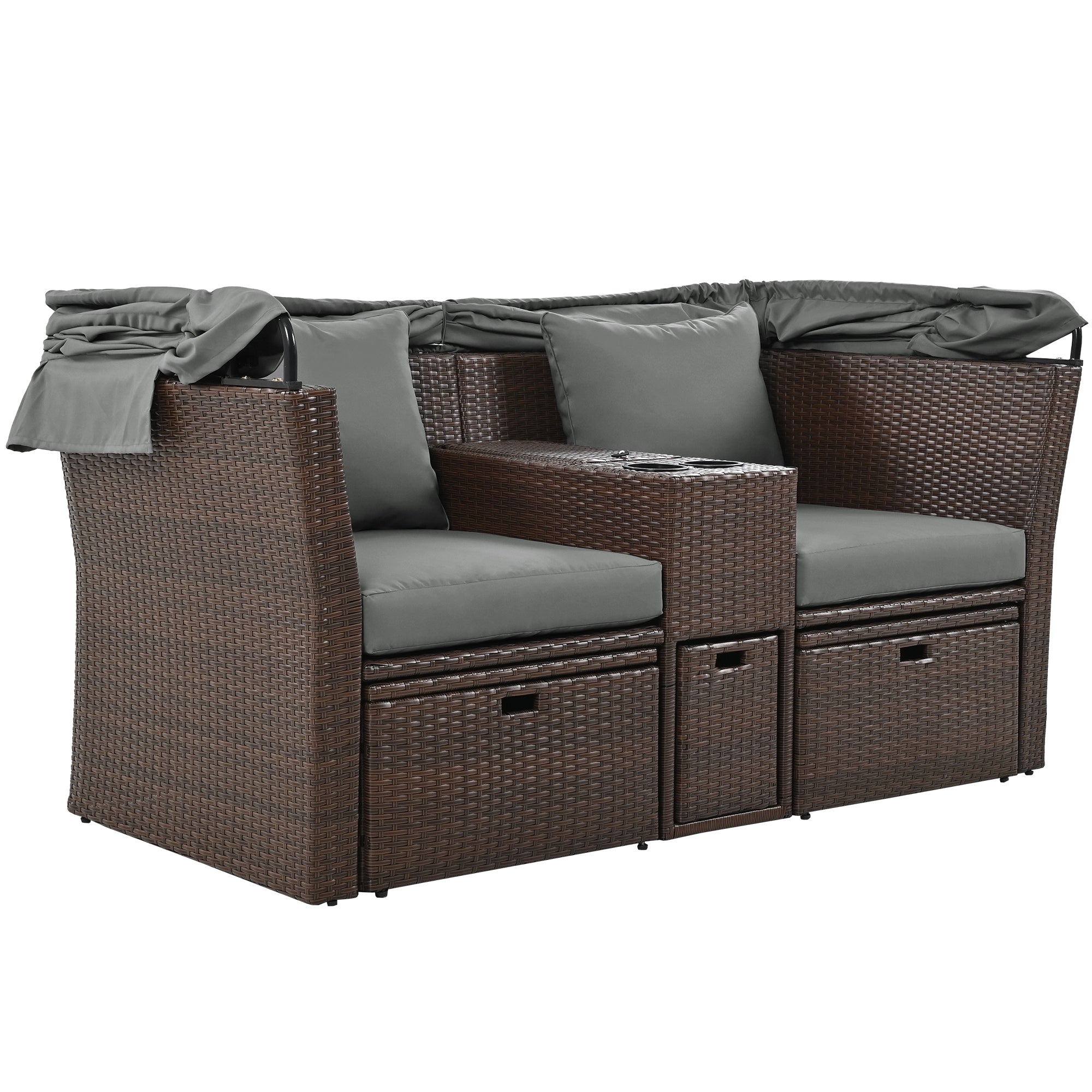 2-Seater Outdoor Patio Daybed Outdoor Double Daybed Outdoor Loveseat Sofa Set with Foldable Awning and Cushions