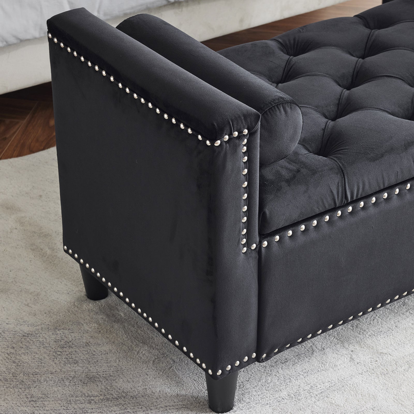 Storage Bench, 44.5-Inch Queen Velvet Button Bedside Bench, Entryway Living Room with Armrests, Nailhead Trim  Black