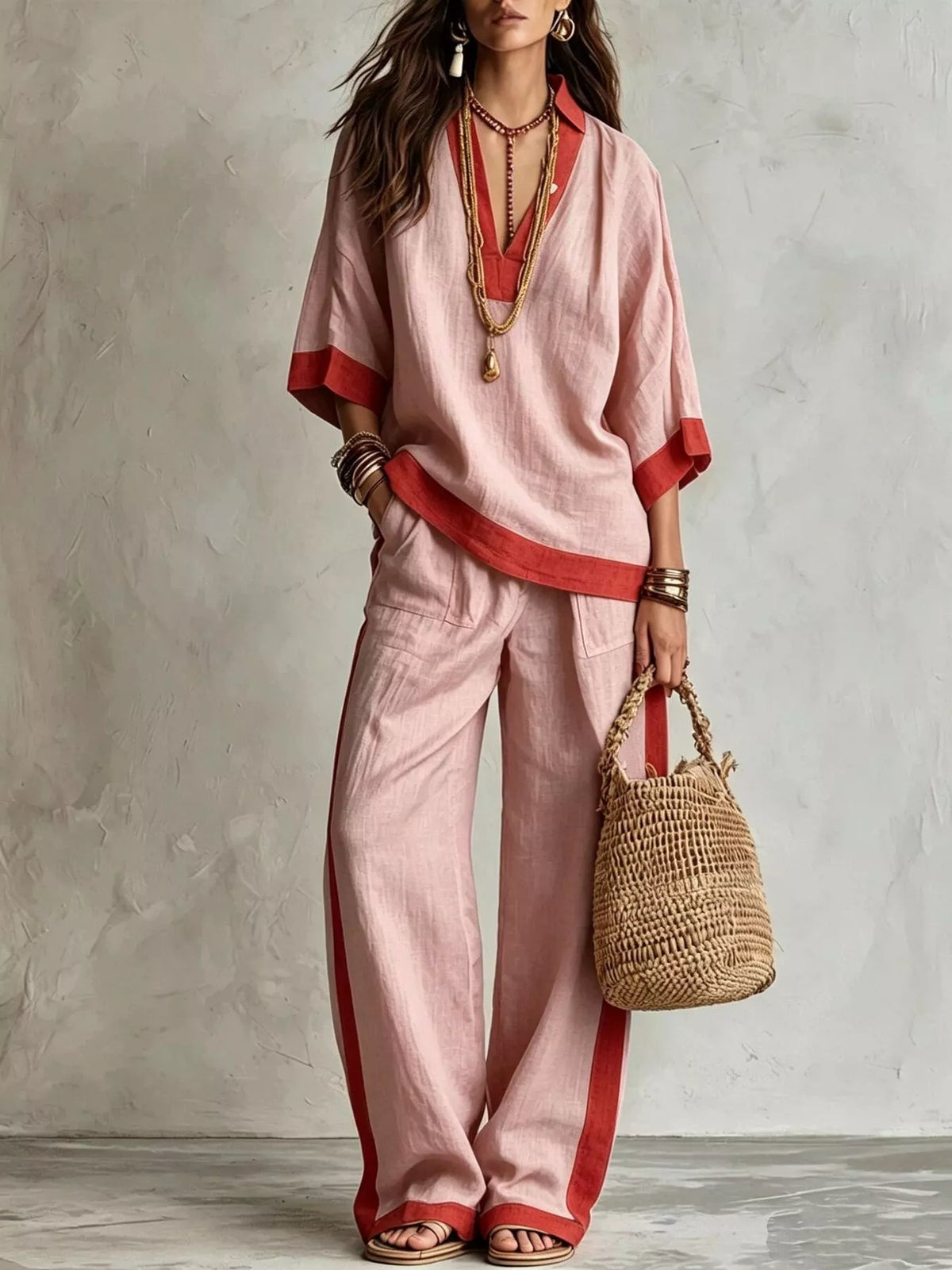 Contrast trim top and wide leg pants set, Blush Pink