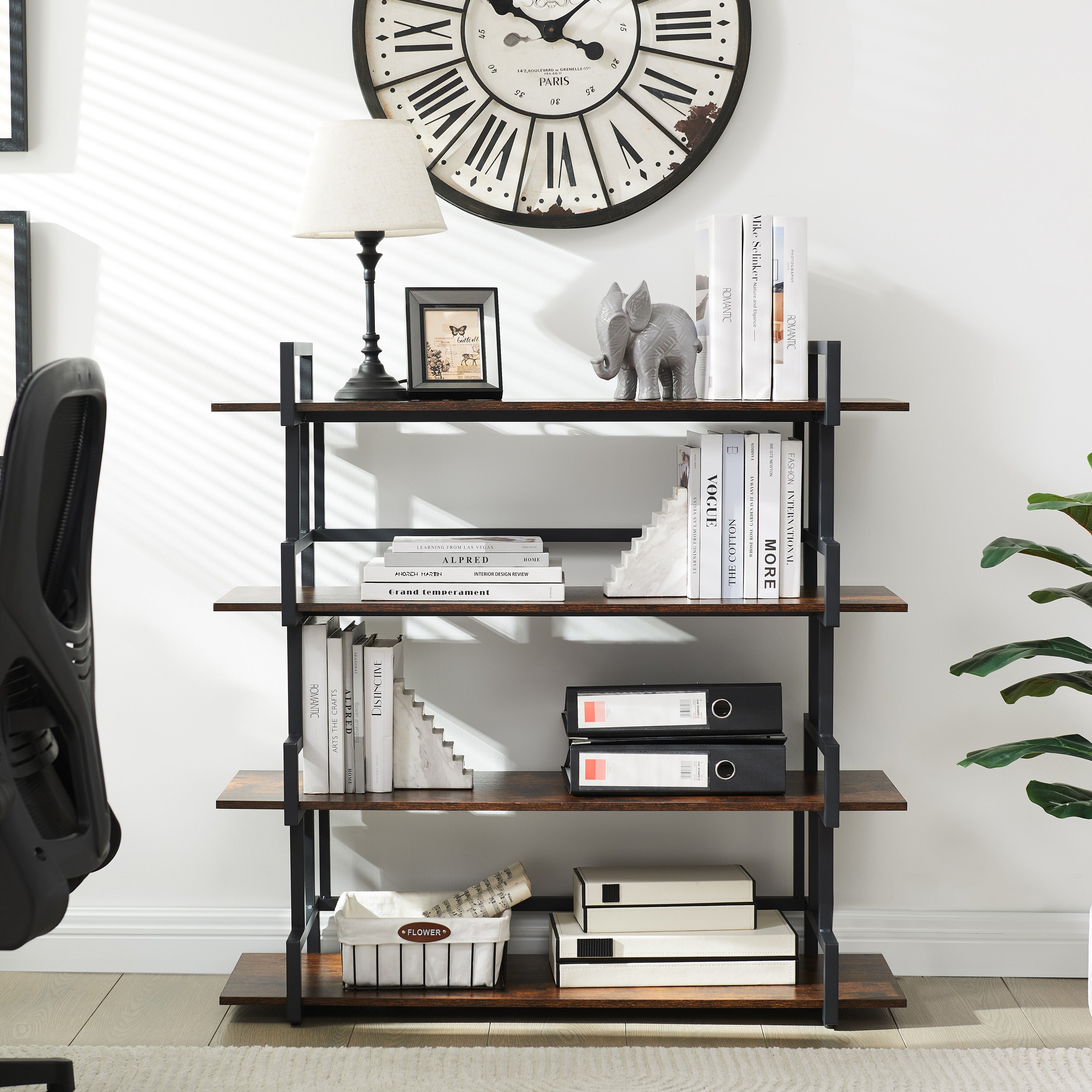 4-storey office bookshelf, rural wooden metal bookshelf, independent open bookshelf, industrial high angle bookshelf