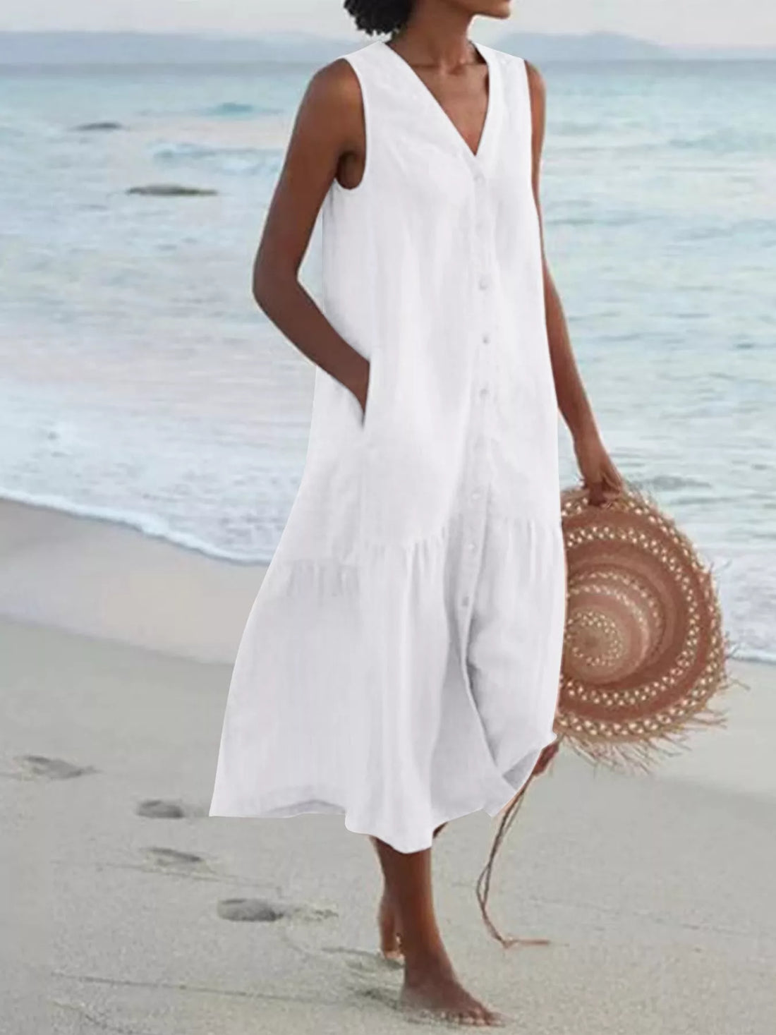 V-neck button front sleeveless midi dress, White