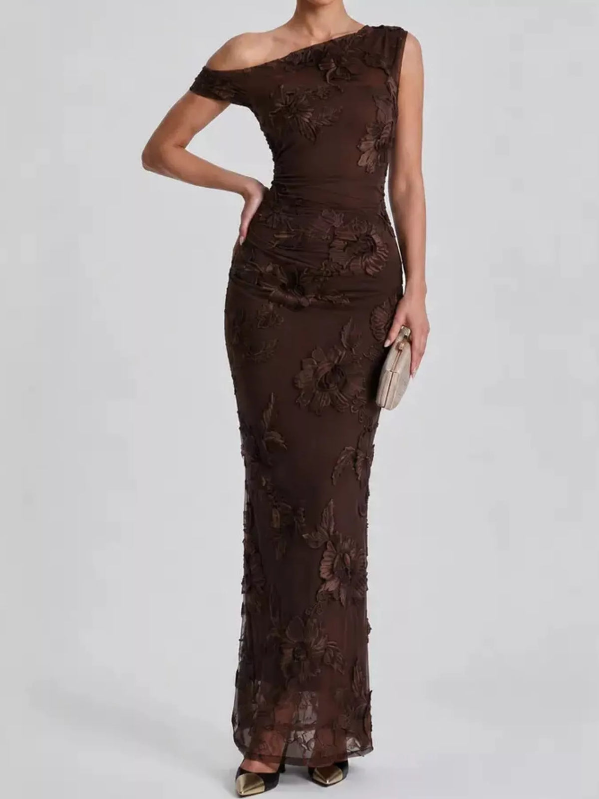 One-shoulder floral embroidered maxi dress