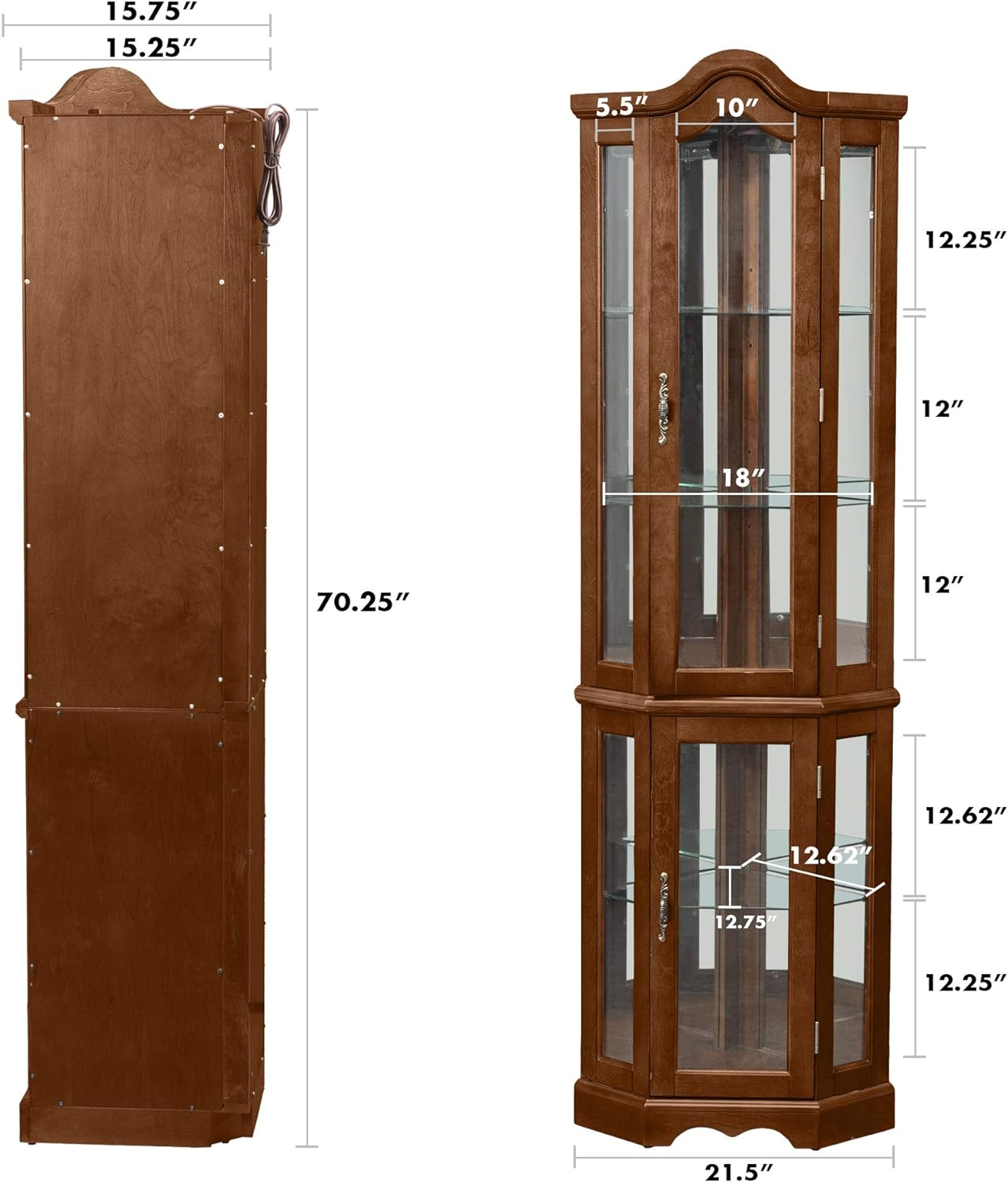 Corner Curio cabinet, adjustable tempered glass frame, rearview mirror, display cabinet, walnut wood (excluding E26 bulbs)