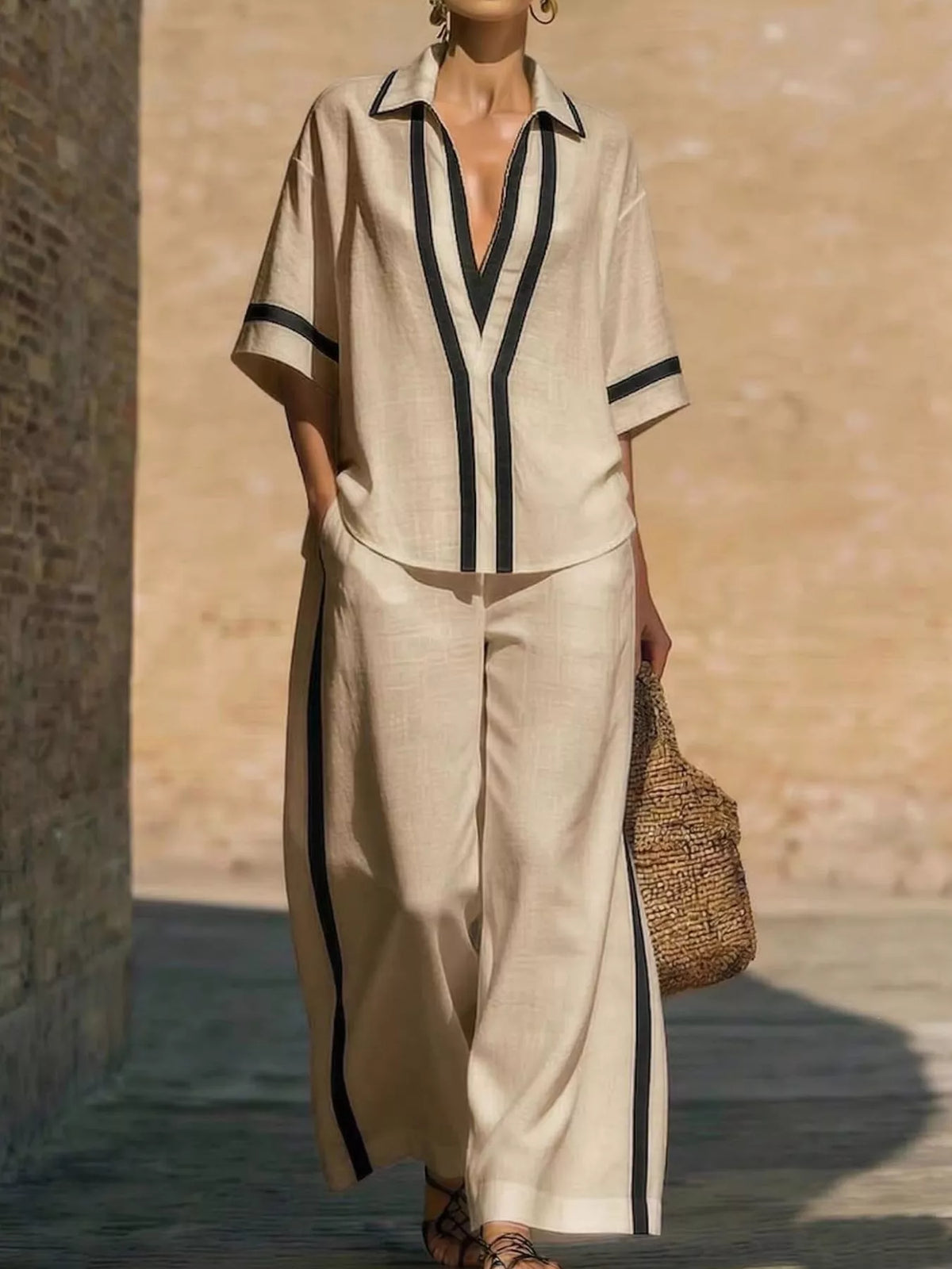 Contrast-trim top and pants set – khaki