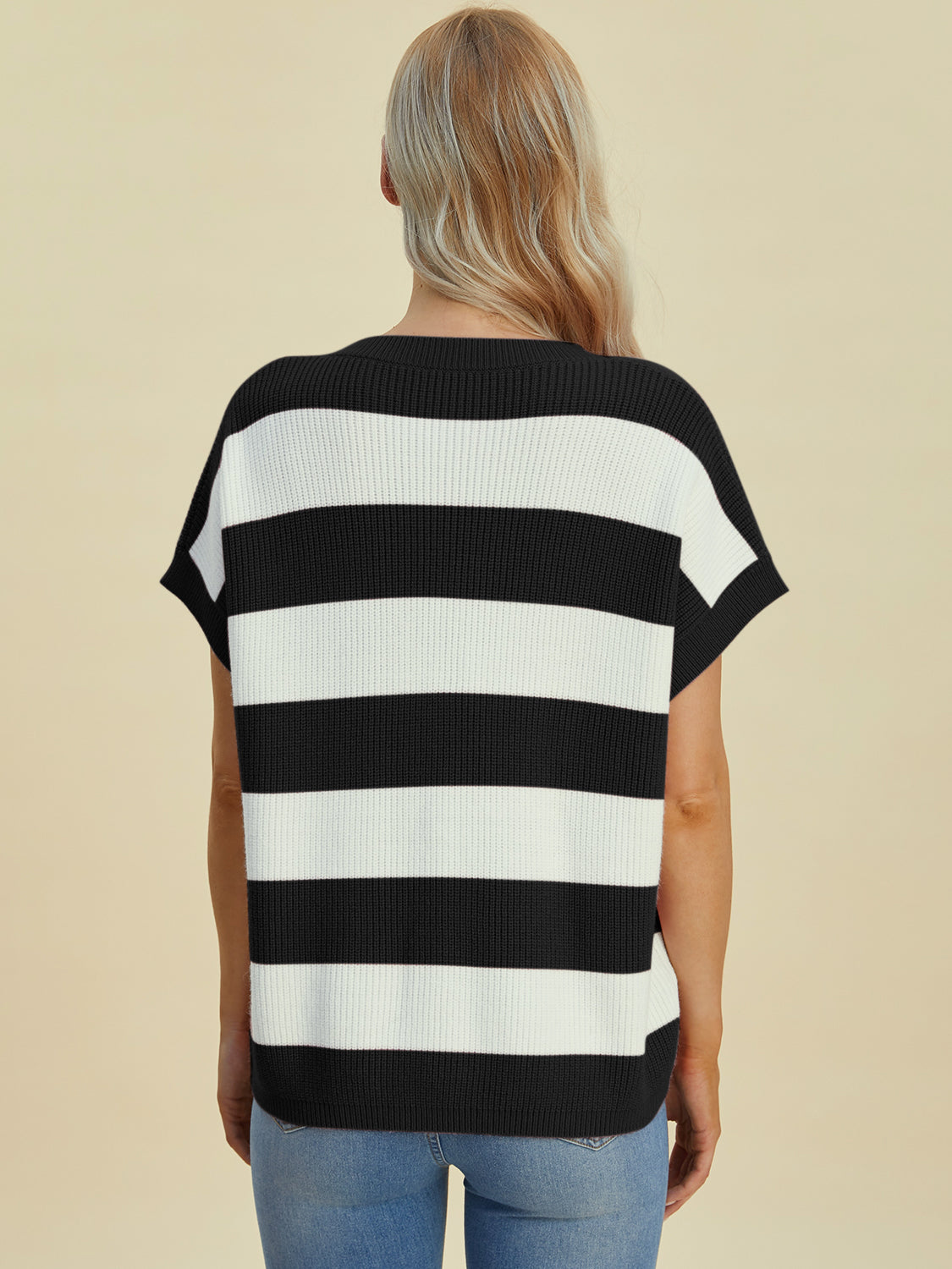 Striped V-neck short sleeve sweater