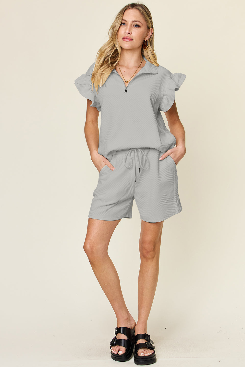 Double Take Full Size Texture Flounce Sleeve Top and Drawstring Shorts Set