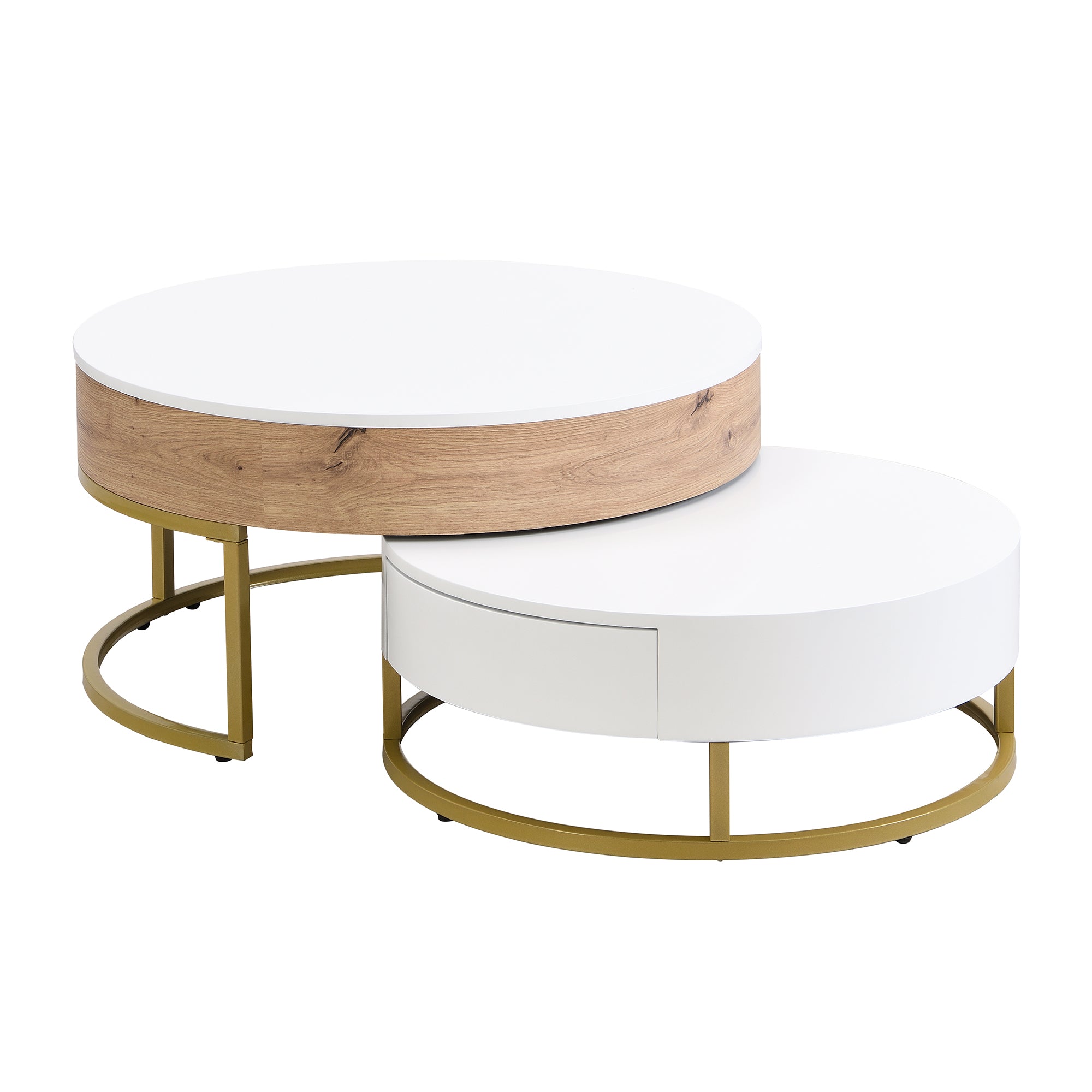 Modern Round Lift-top Nesting Coffee Tables with 2 Drawers White & Natural