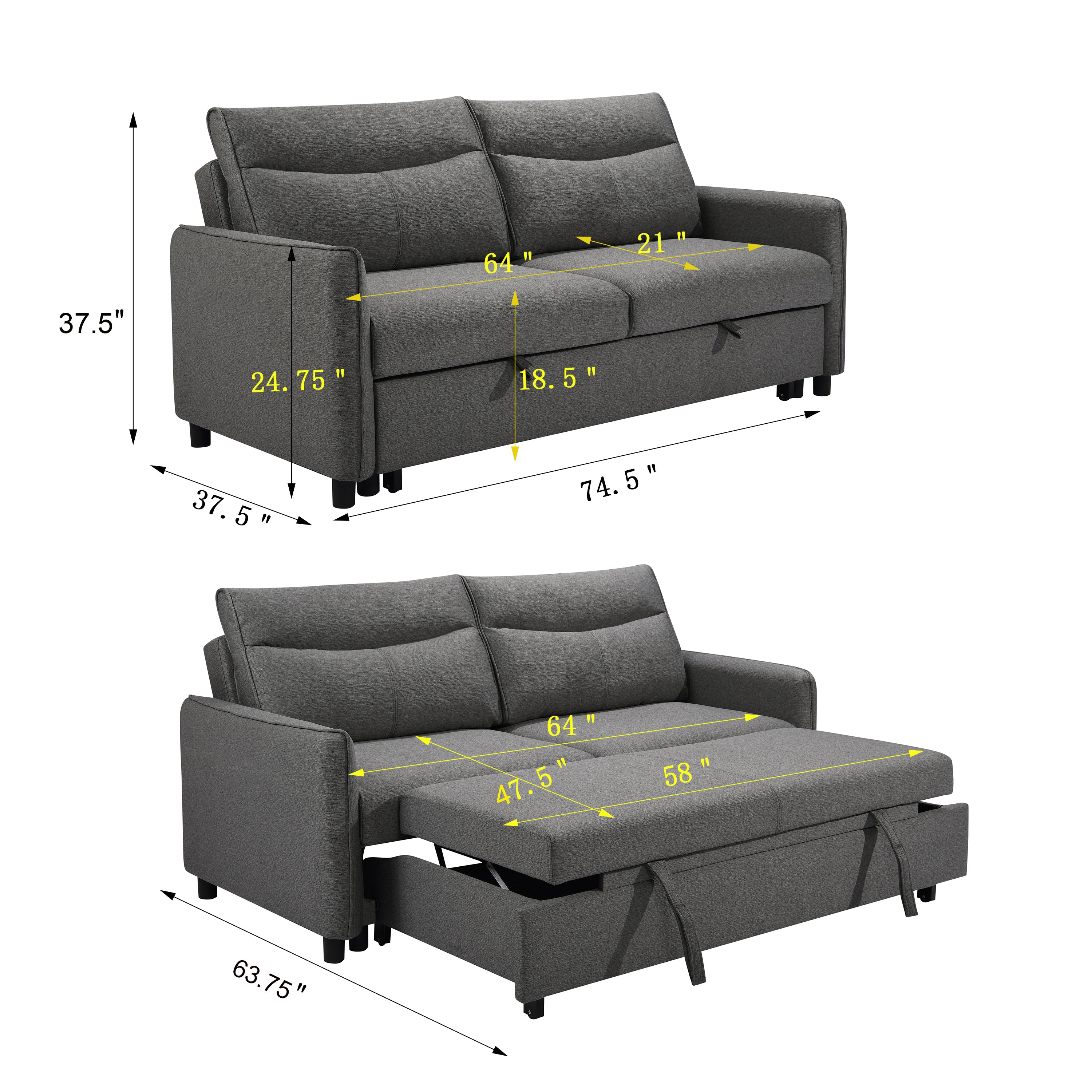 3 in 1 Convertible Sleeper Sofa Bed Modern Fabric Loveseat Futon Sofa Couch w/Pullout Bed Grey