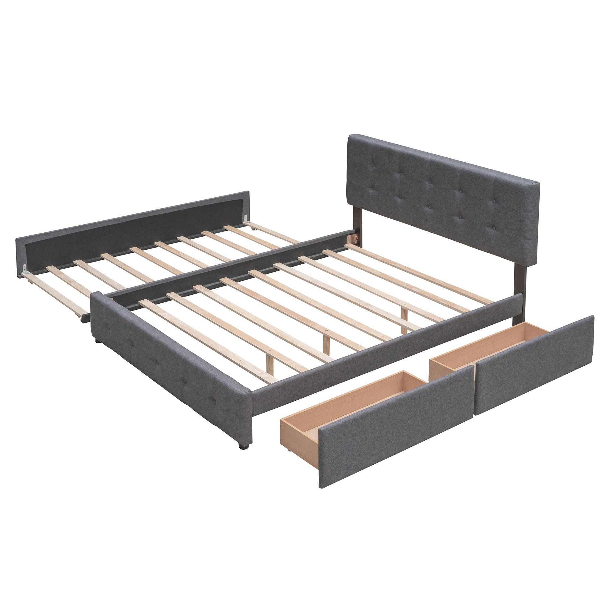 Upholstered Platform Bed with 2 Drawers and 1 Twin XL Trundle Linen Fabric Queen Size - Dark Gray