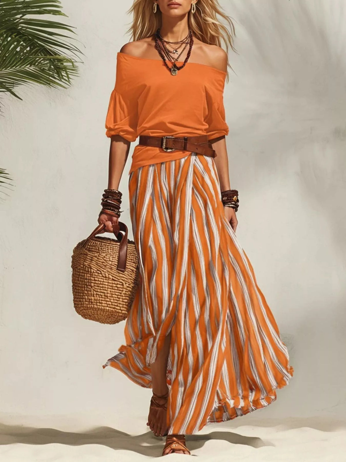 Off shoulder top and striped maxi skirt set with belt, Orange