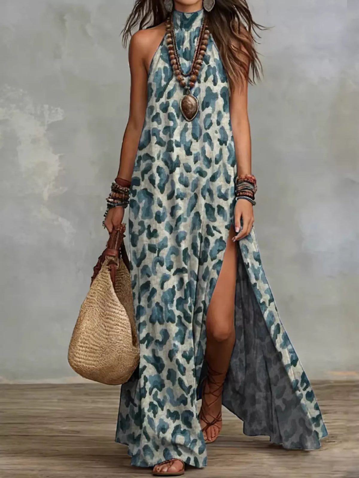 Printed sleeveless maxi dress – leopard