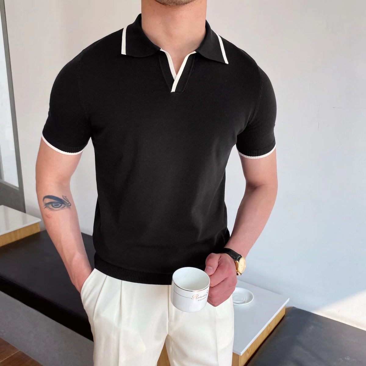 Tipped knit polo, Black, front