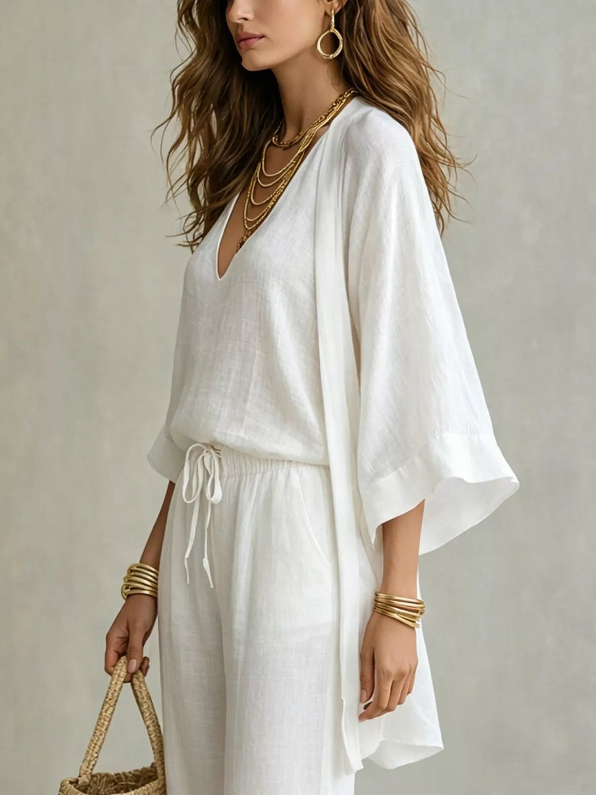 V-neck top &amp; cardigan &amp; pants three-piece set