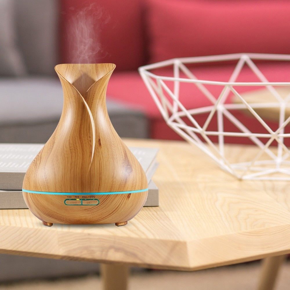 Ultrasonic Humidifier Tulip Vase Style 14W 400ML Wood Grain Cool-Mist Aromatherapy Essential Oil Diffuser