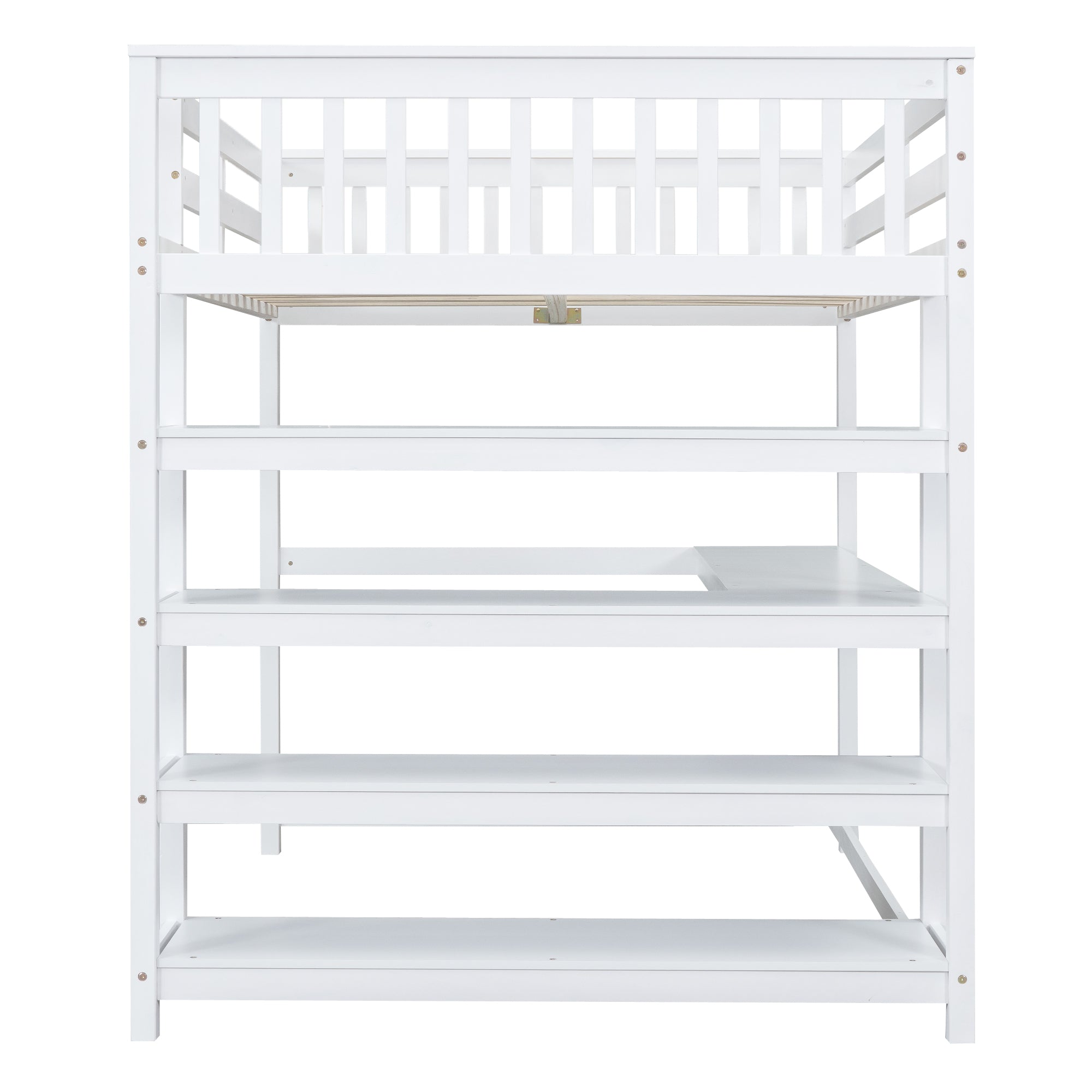 Full Size Loft Bed with Storage Shelves and Under-bed Desk  White