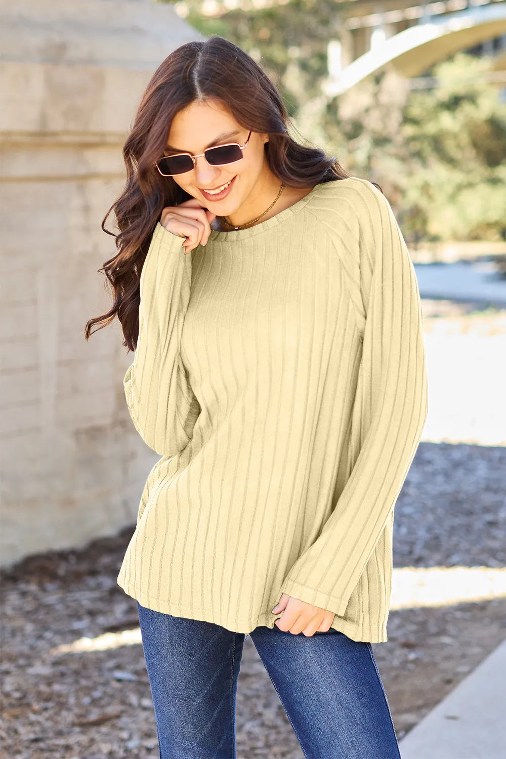 Ribbed long sleeve knit top, Light Yellow