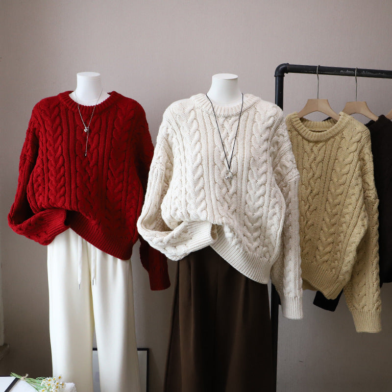 Round Neck Cable Knit Loose Lazy Versatile Thick Knitted Sweater for Women