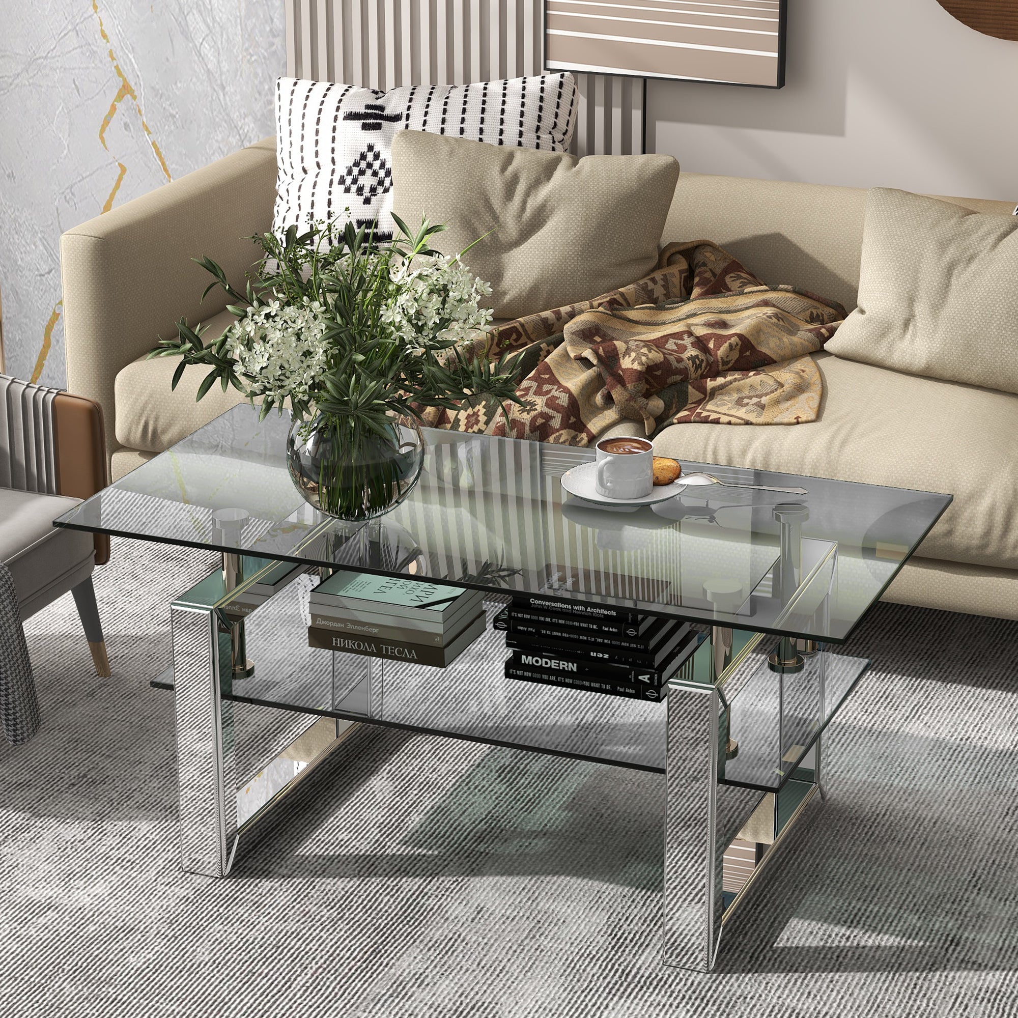 W 39.4" X D 19.7 " X H 17.7" Transparent tempered glass coffee table coffee table