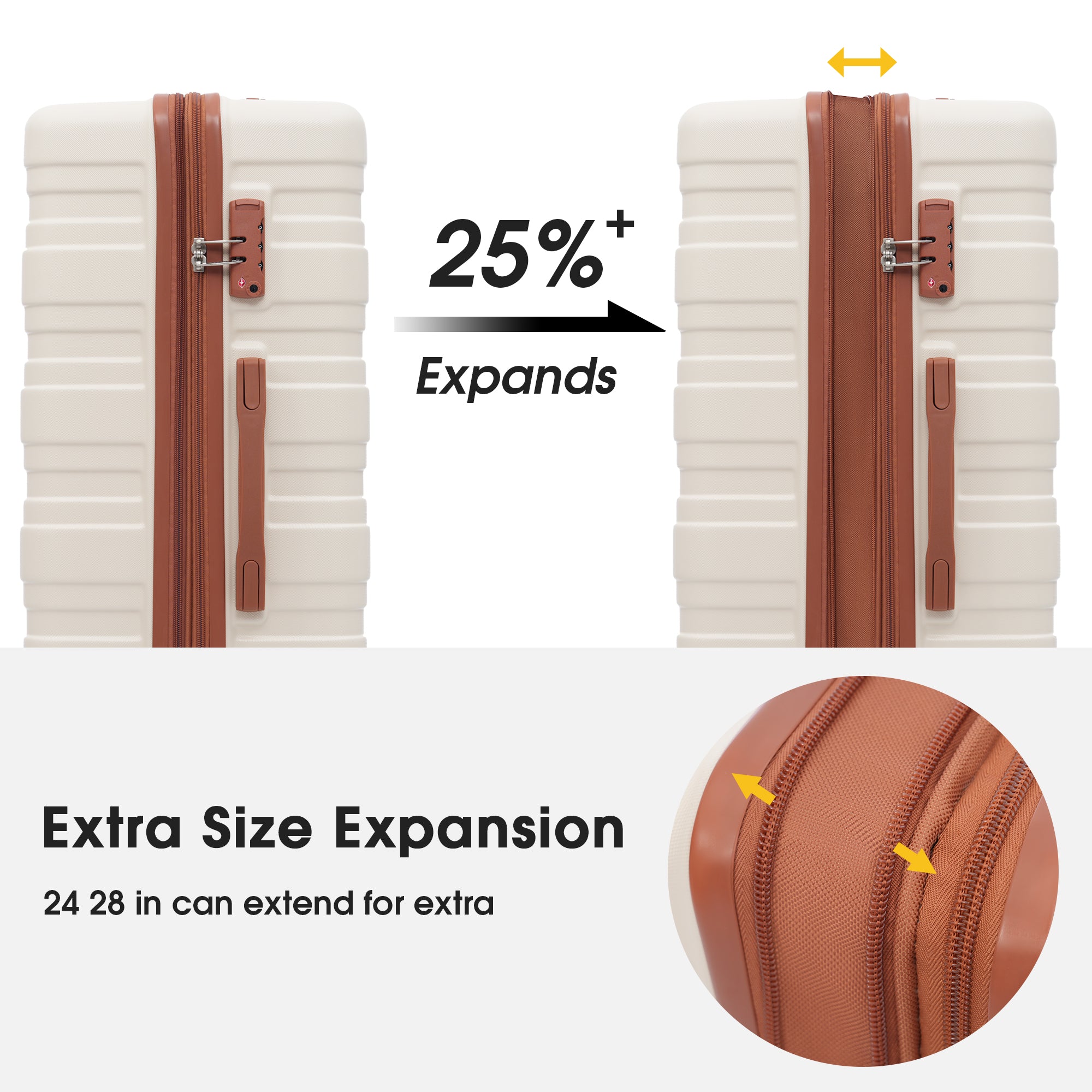 Hardshell Luggage Sets 3 Pcs Spinner Suitcase with TSA Lock Lightweight 20''24''28''  Brown+White + ABS