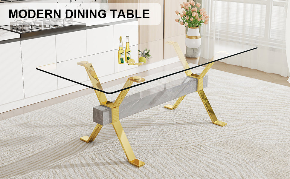 Dining table Modern tempered glass dining table Large modern office desk with gold plated metal legs and MDF crossbars