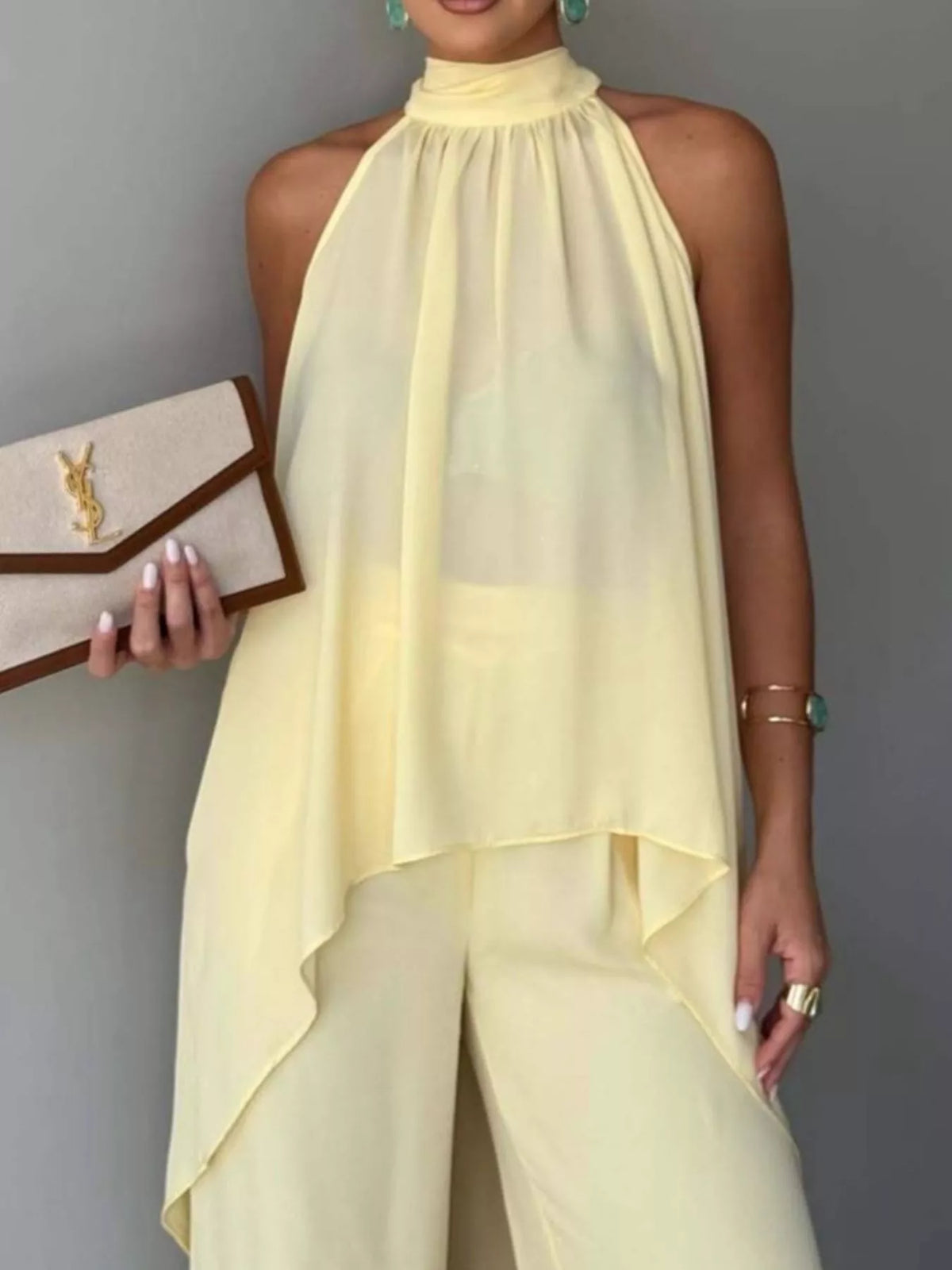 High-low sleeveless top and wide-leg pants two-piece set