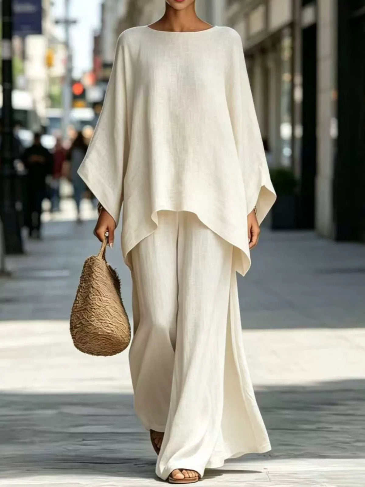 Batwing sleeve top and wide-leg pants set, White