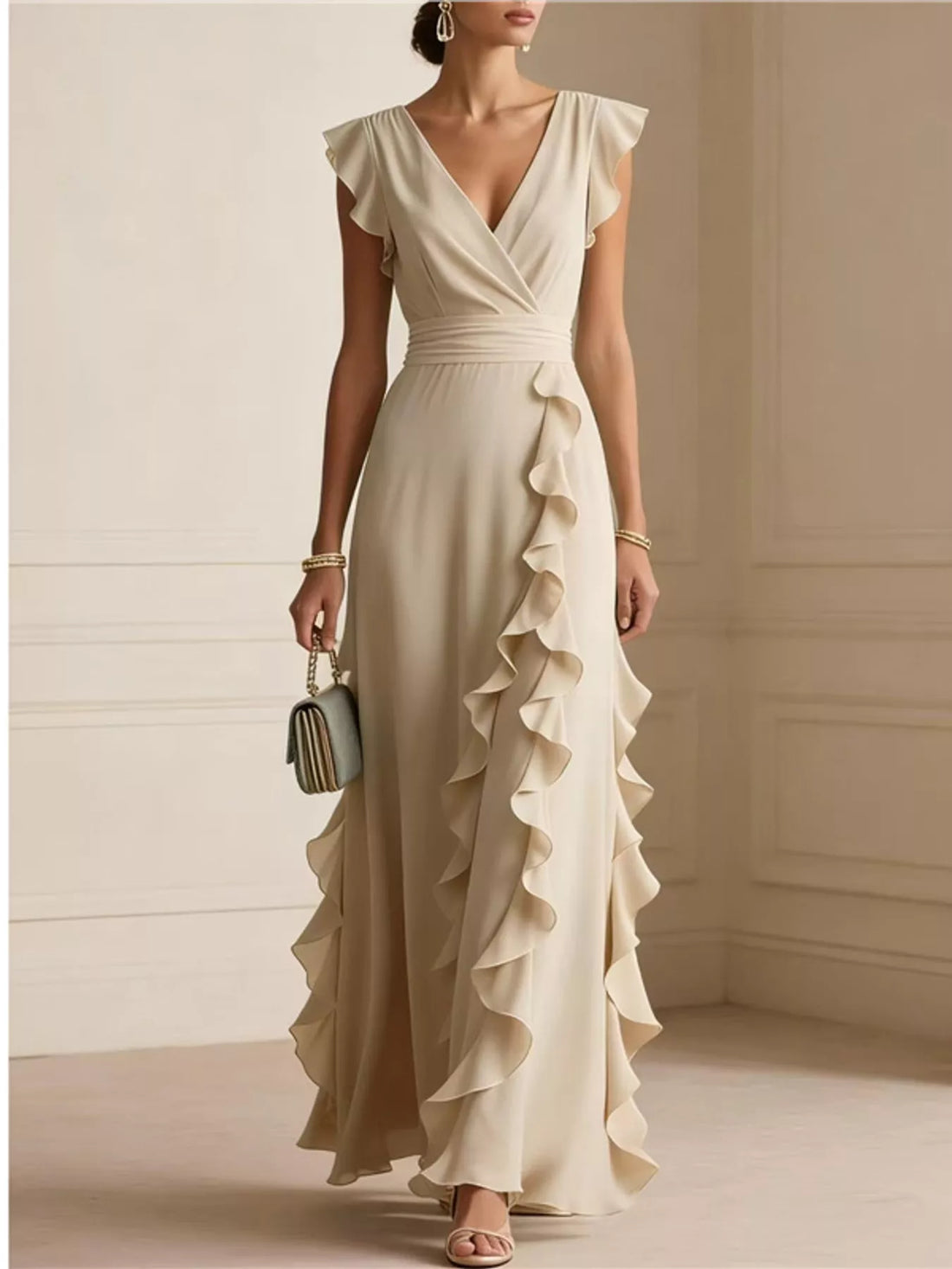 Ruffled surplice sleeveless maxi dress, Apricot