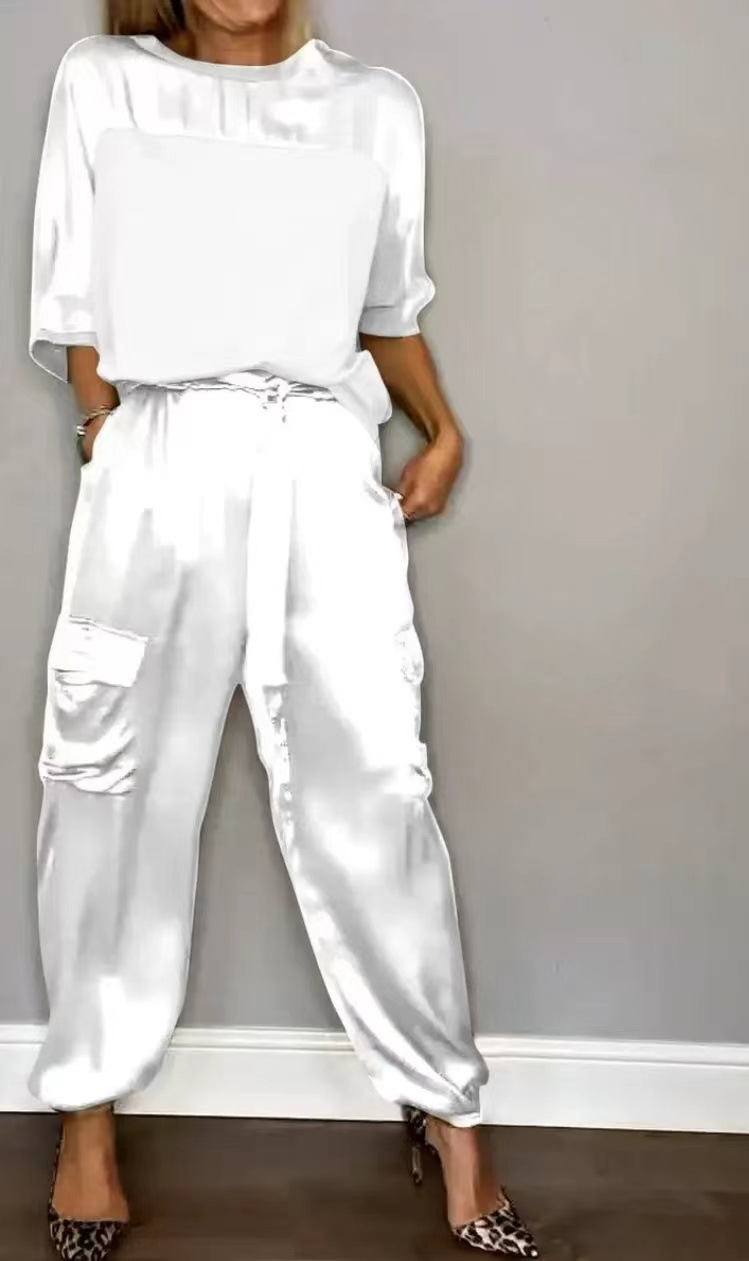 Satin shirt and trouser set – white