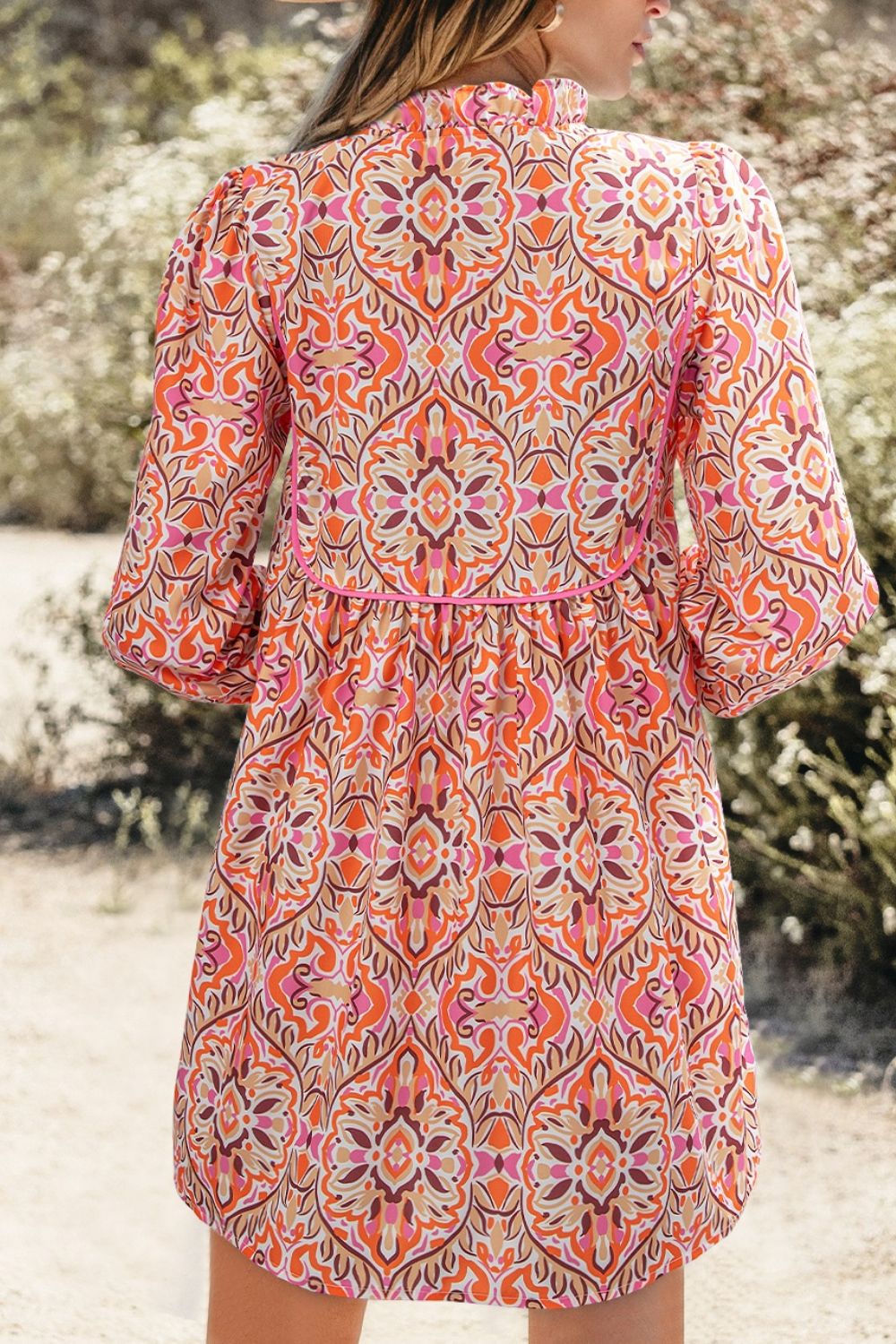 Printed tie-neck mini dress