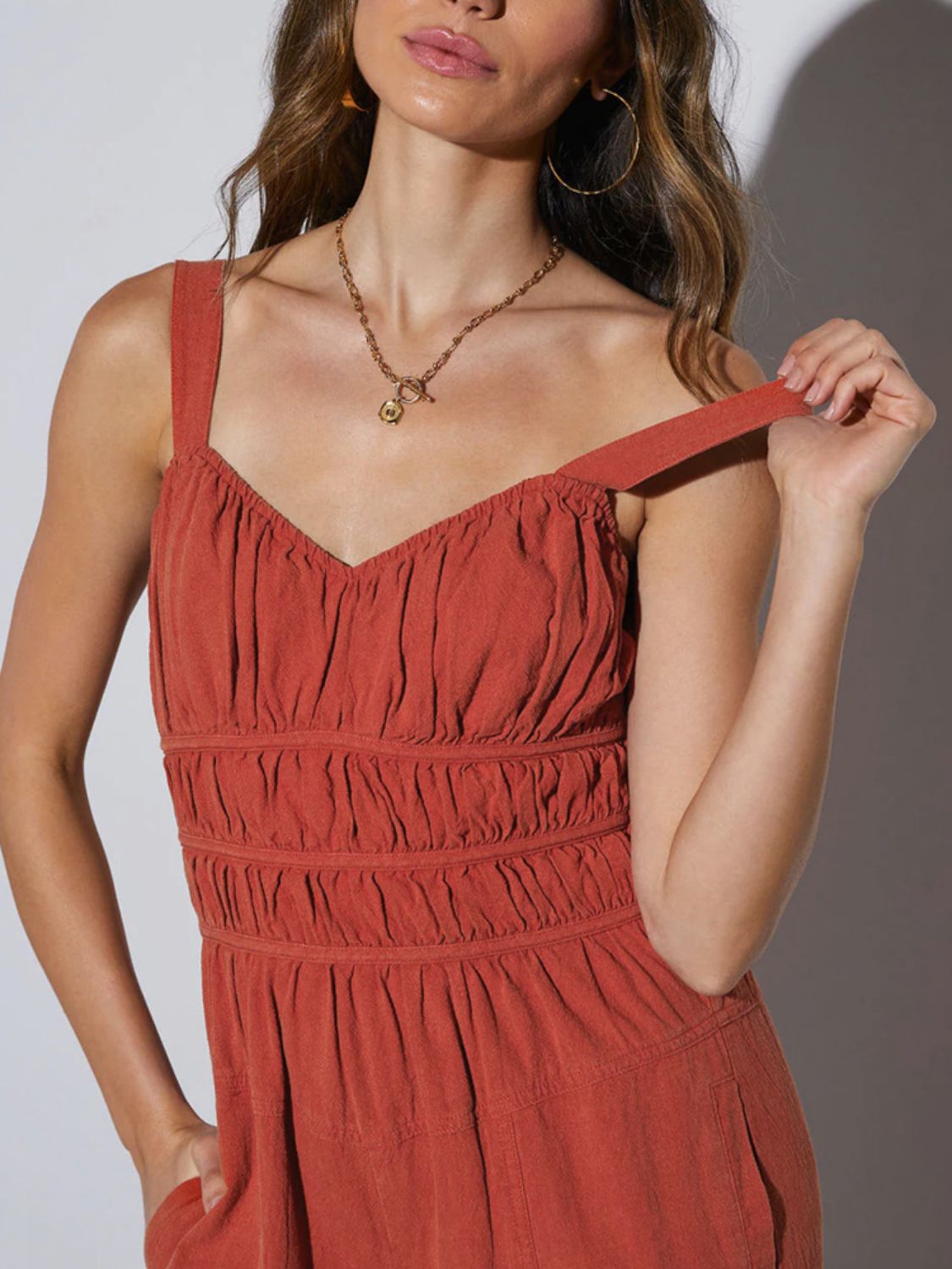 Perfee Ruched Wide Strap Jumpsuit with Pockets