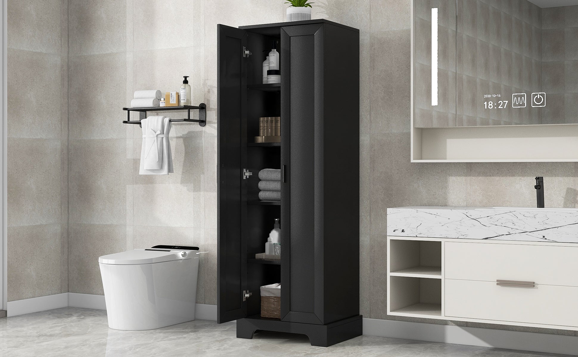 Storage Cabinet with Two Doors for Bathroom, Office, Adjustable Shelf, MDF Board, Black