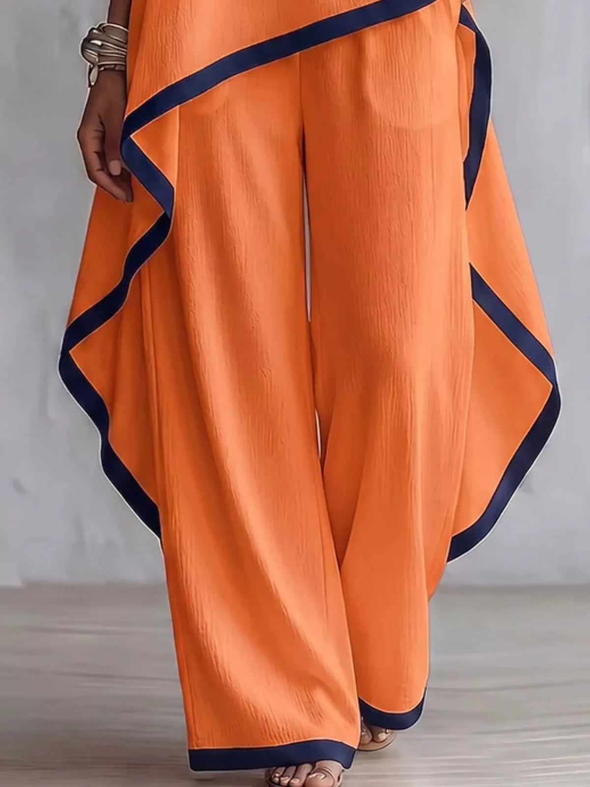 Contrast trim high-low top and pants set