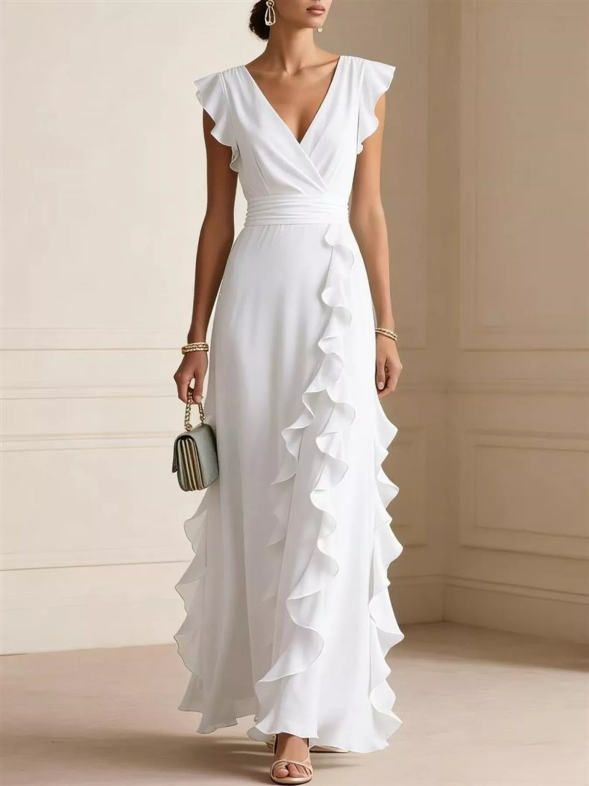 Ruffled surplice maxi dress – white