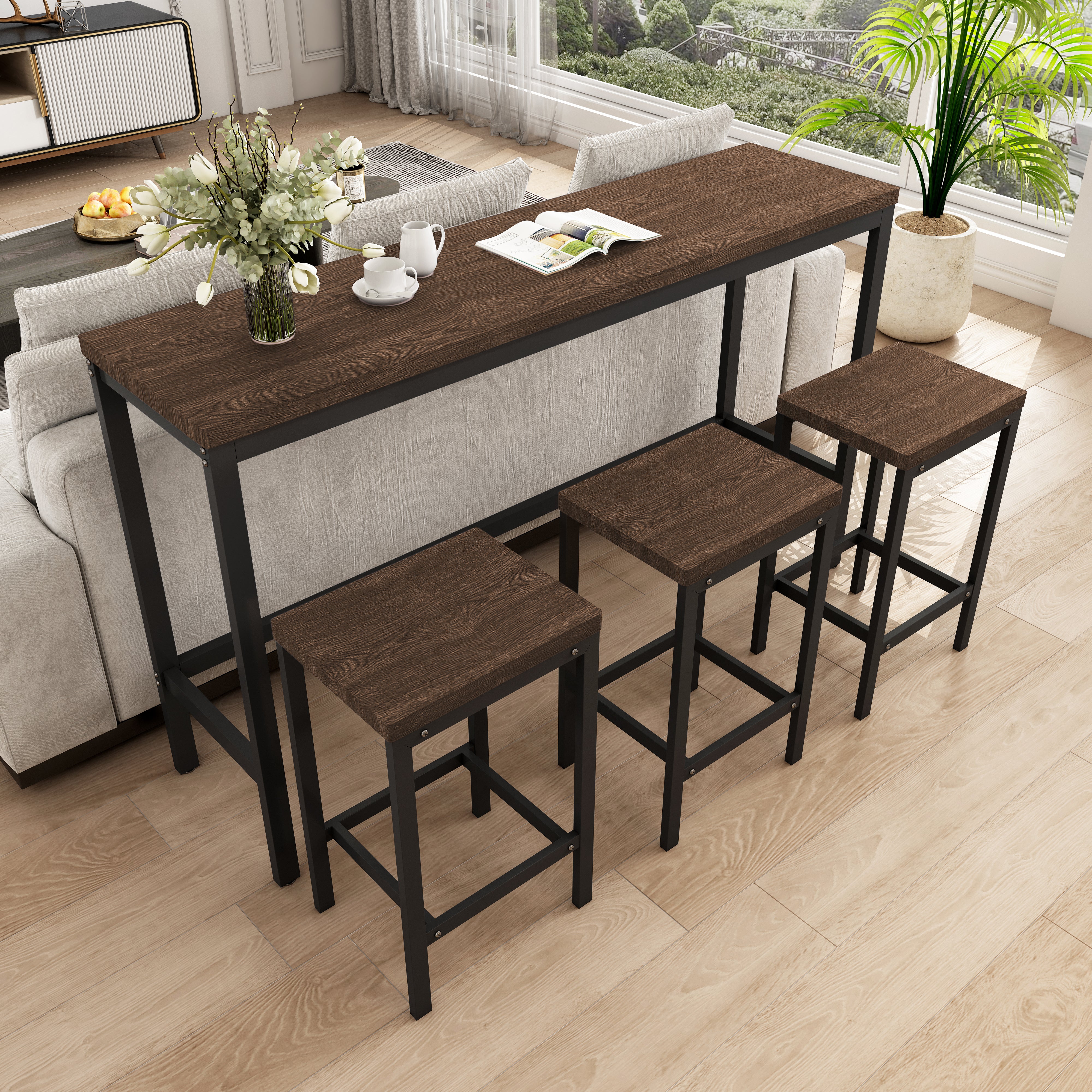 Modern Design Kitchen Dining Table Pub Table Long Dining Table Set with 3 Stools Easy Assembly Dark Brown