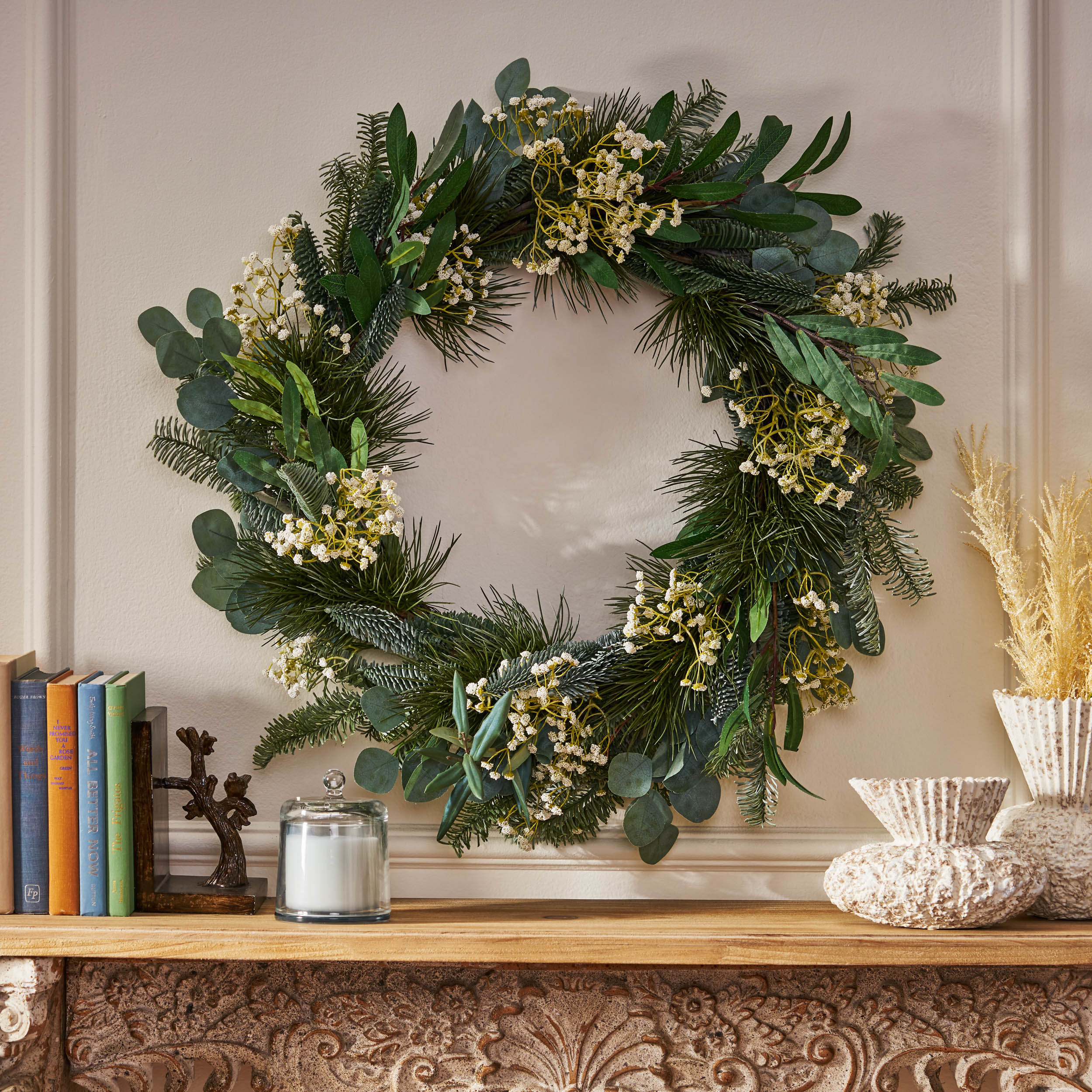 30IN Eucalyptus leaves, pine twigs, stars wreath