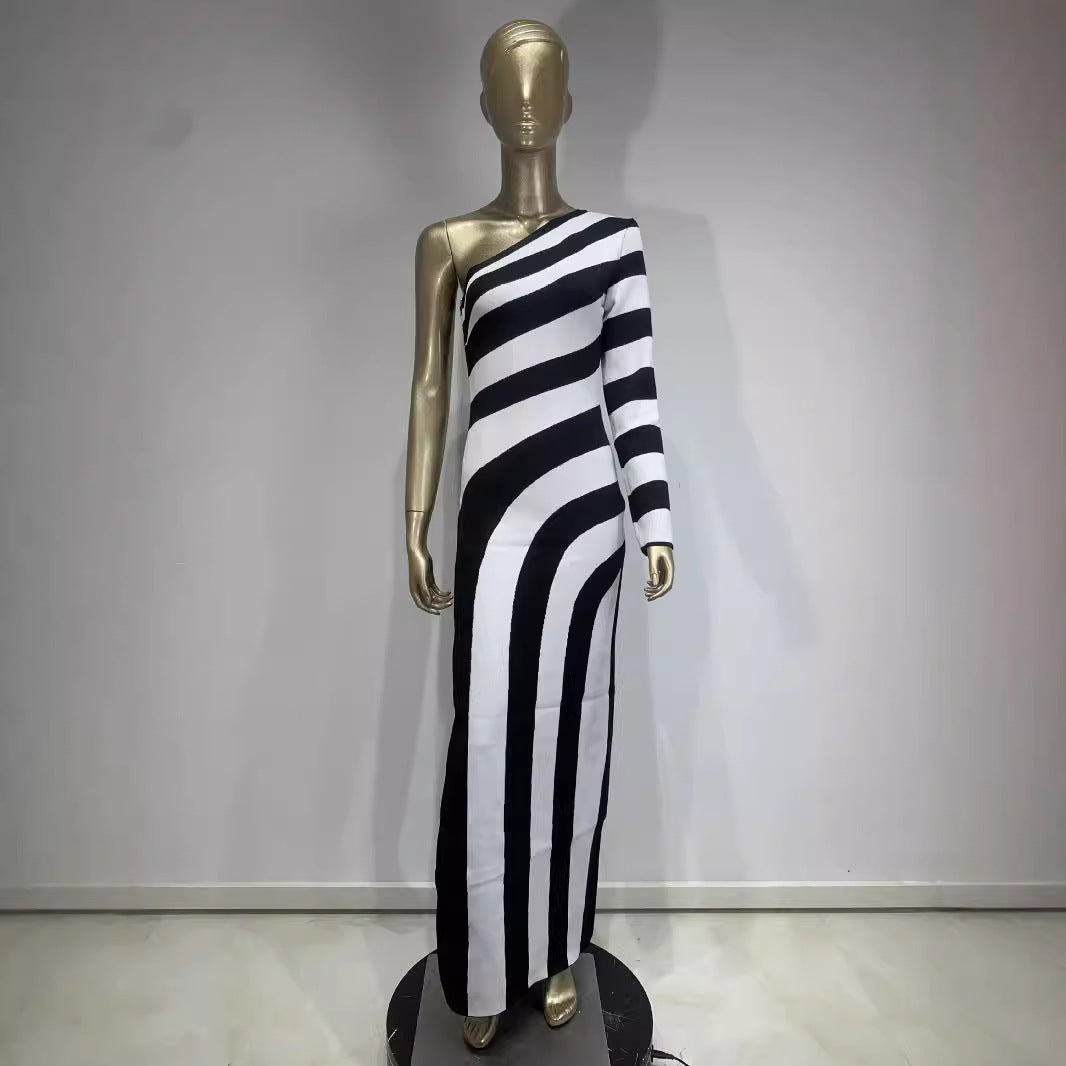 Zebra print single shoulder long sleeved open leg bandage dress banquet party dress