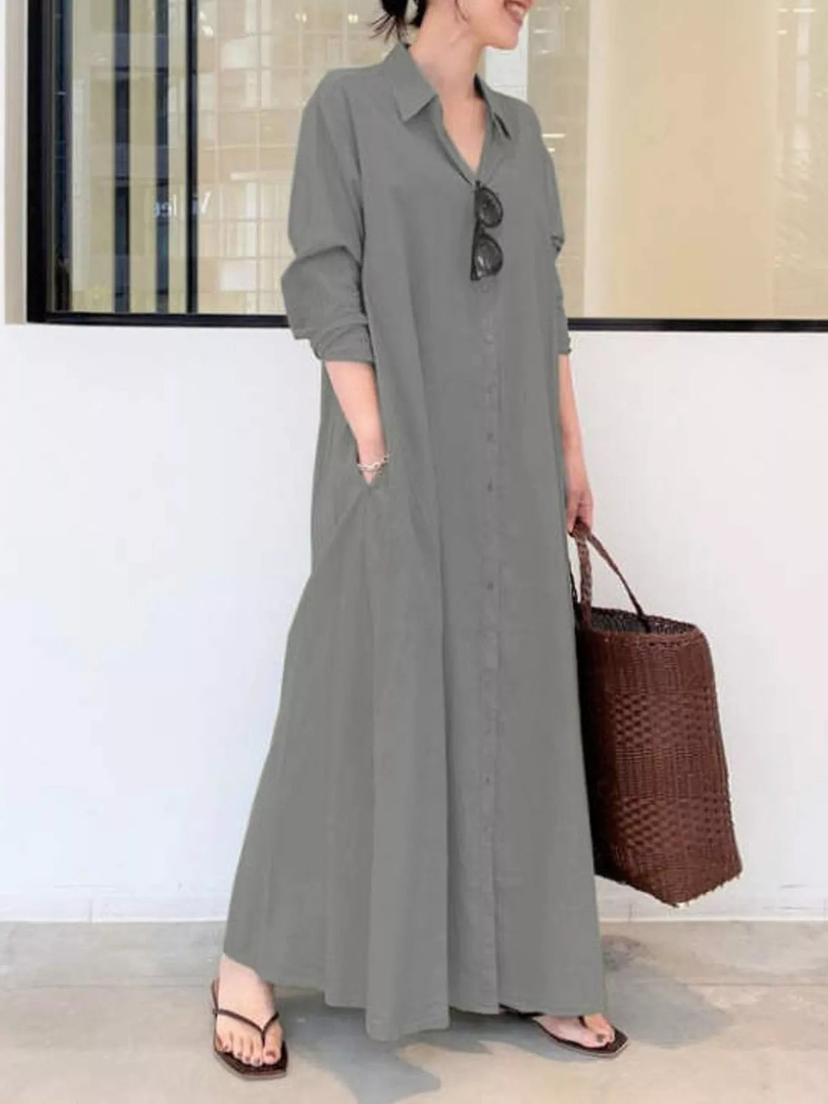 Button front long sleeve maxi shirt dress, Gray