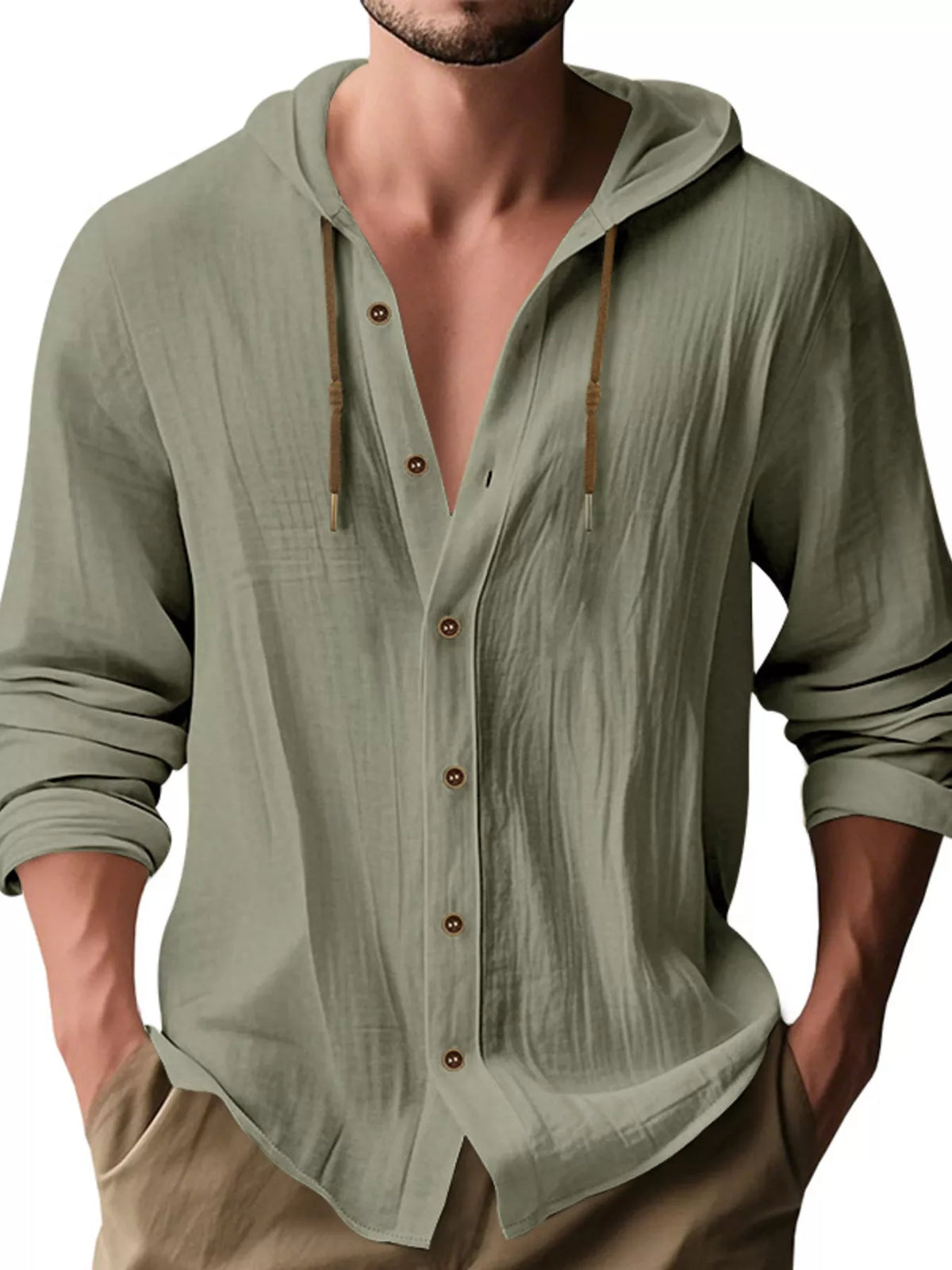 Hooded button shirt – military green