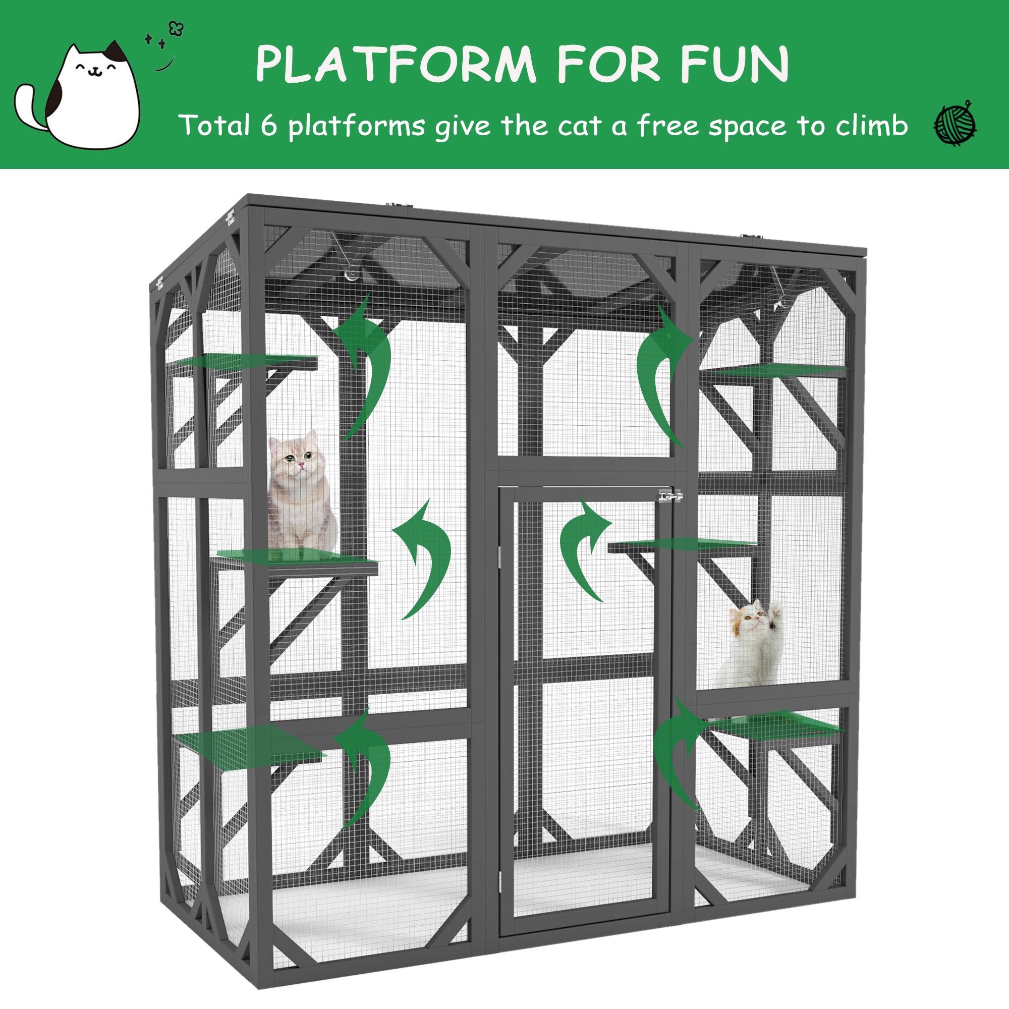 Catio Outdoor Cat Fence Cat House Wooden Cat Cage Six Platforms Large Entrance Door, Waterproof Roof 60 inches Grey