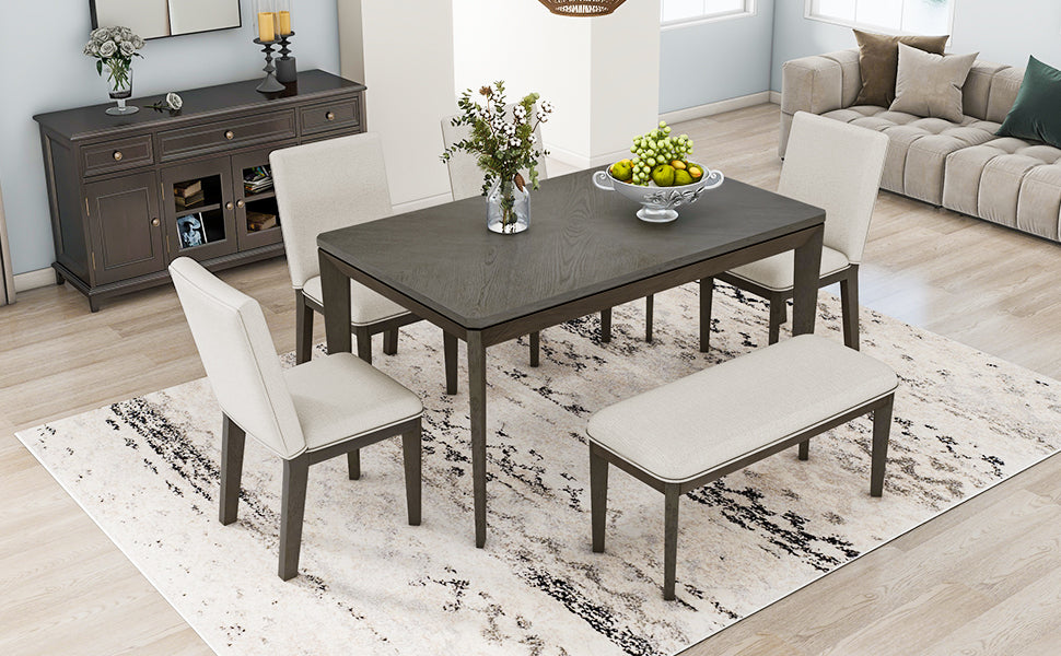 TOPMAX 6-Piece Dining Table Set with Upholstered Dining Chairs and Bench Farmhouse Style Tapered Legs Dark Gray+Beige