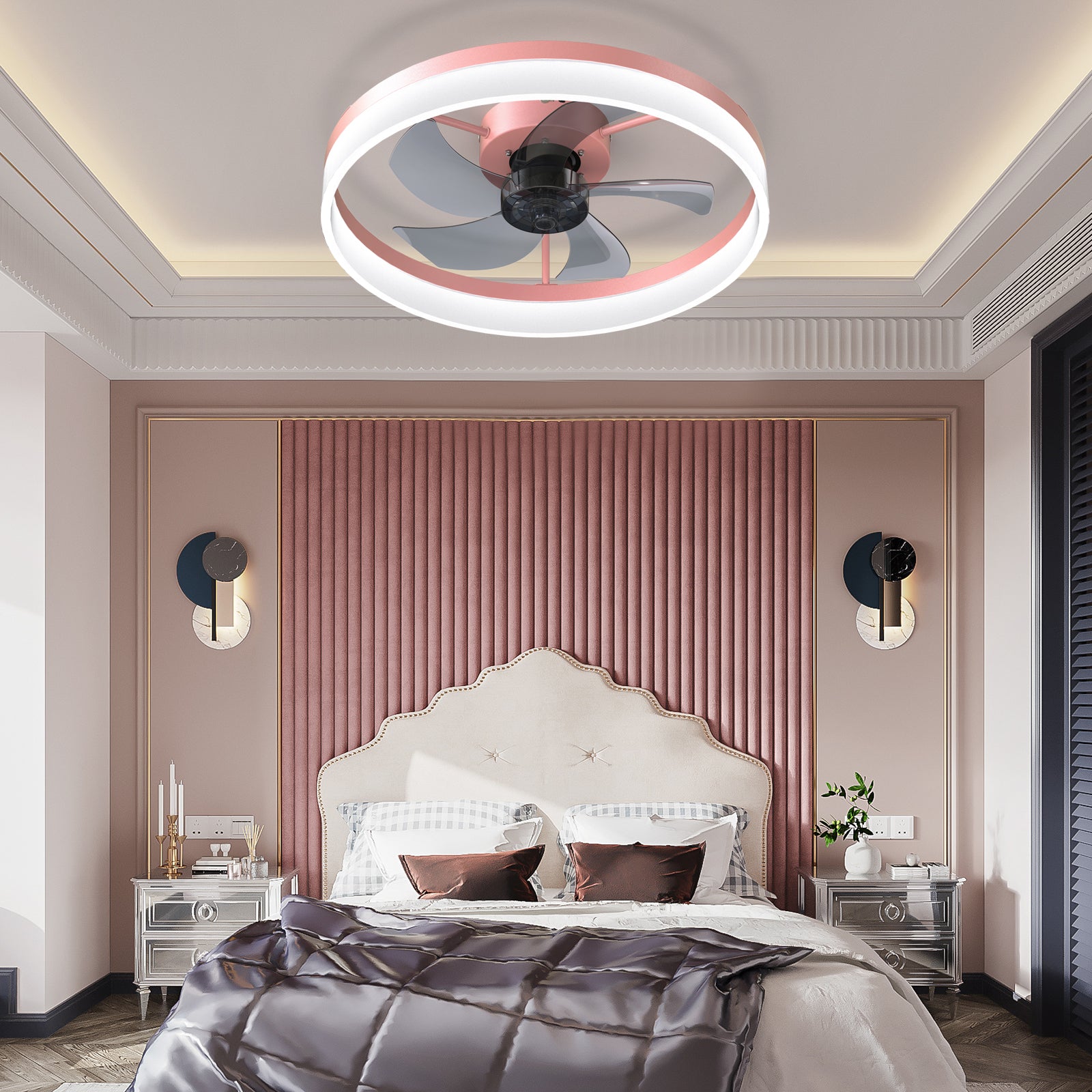 Ceiling Fans with Lights Dimmable LED Embedded installation of thin modern ceiling fans(Pink)