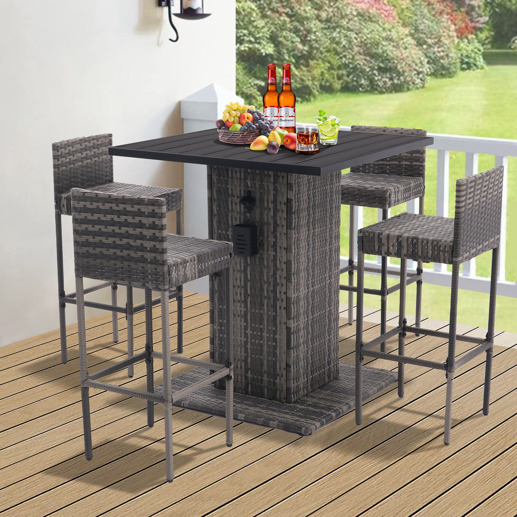 5-Piece Outdoor Conversation Bar Set,All Weather PE Rattan and Steel Frame Patio Furniture  (GREY)