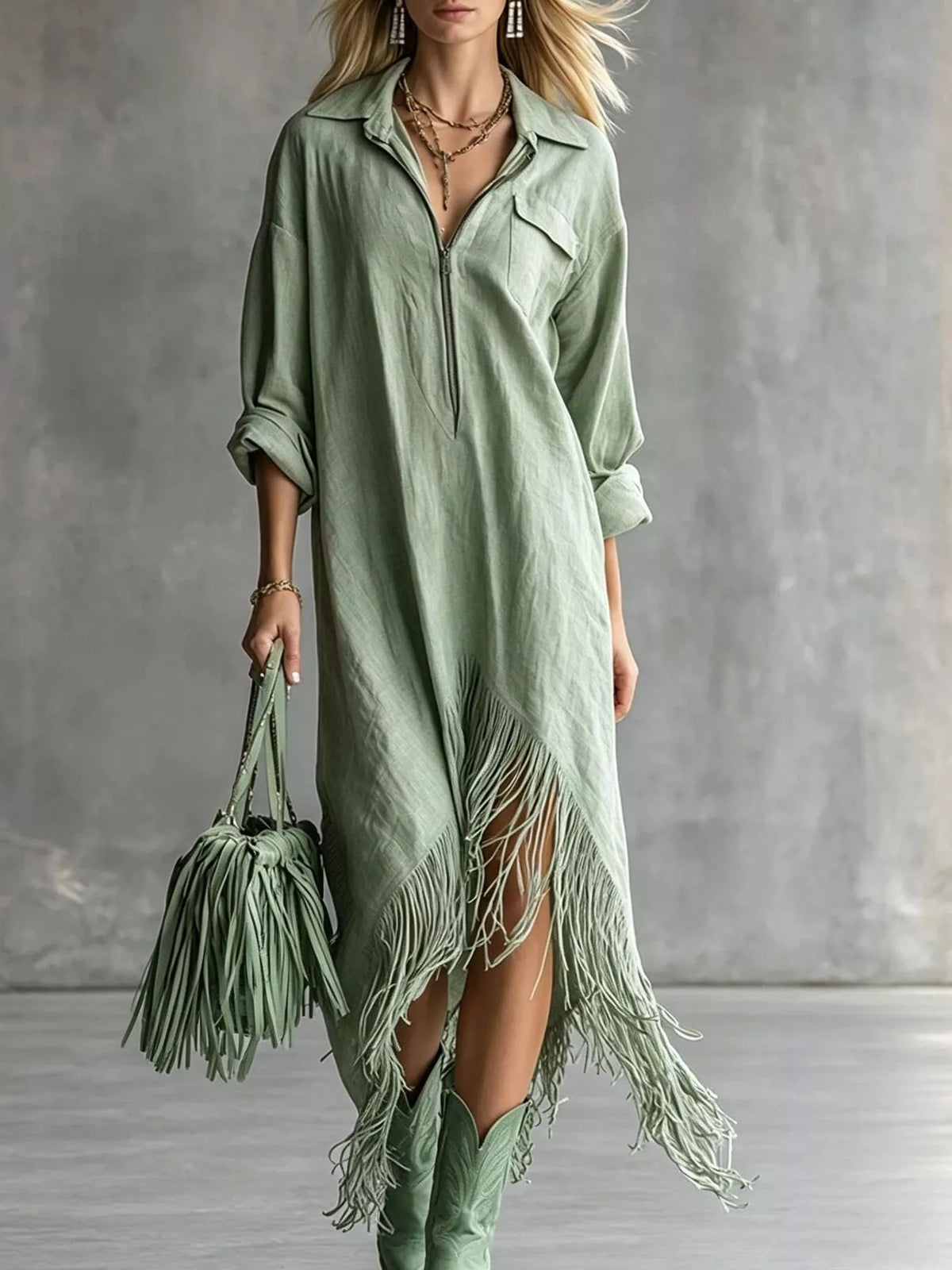Fringe-hem zip shirt dress – light green