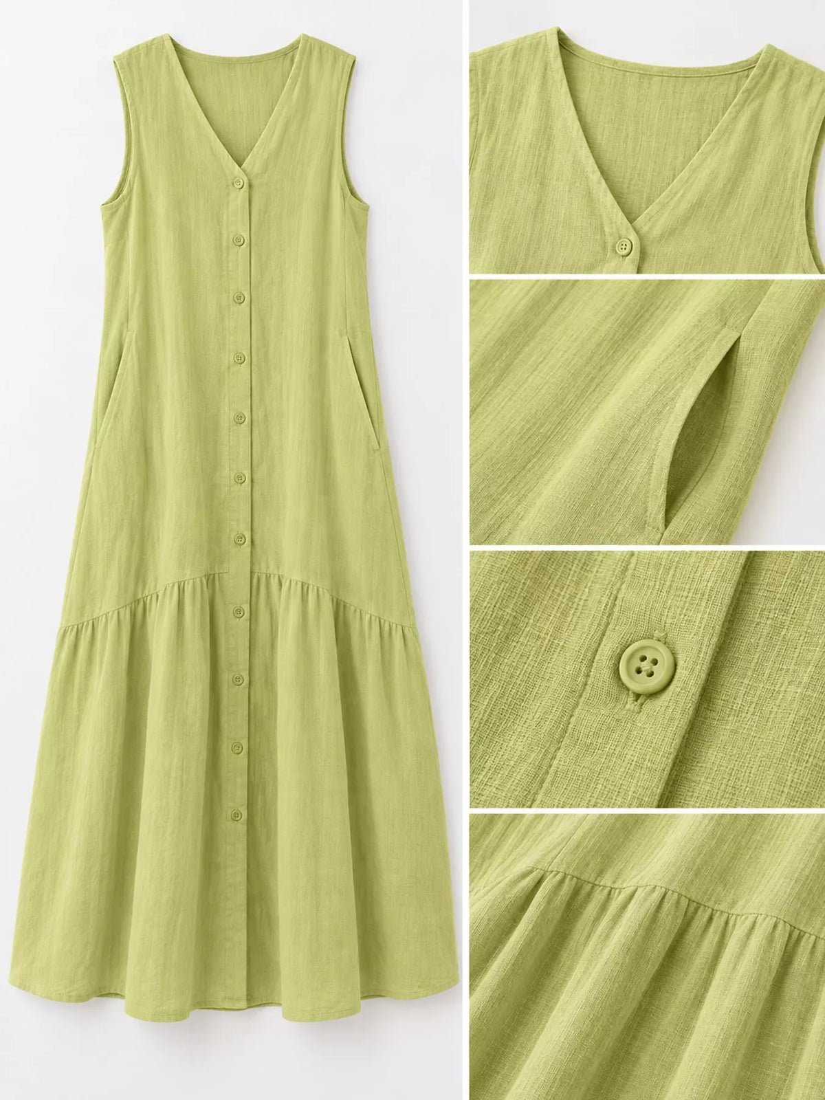 V-neck button front sleeveless midi dress