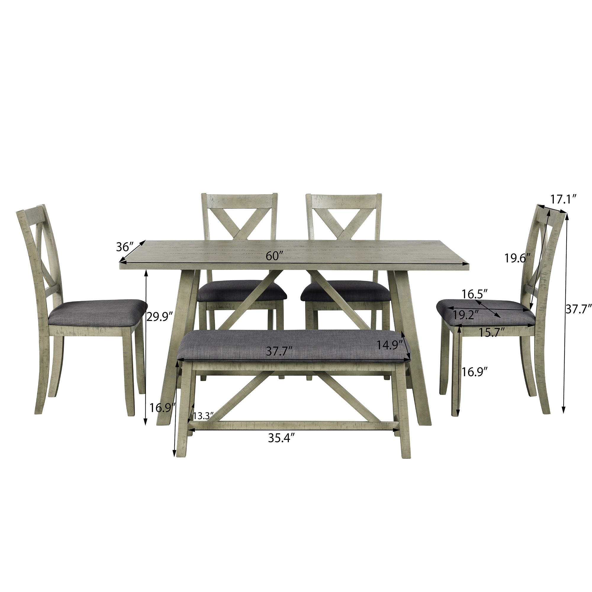 TOPMAX 6 Piece Dining Table Set Wood Dining Table and chair Kitchen Table Set with Table, Bench and 4 Chairs  Rustic Style Gray