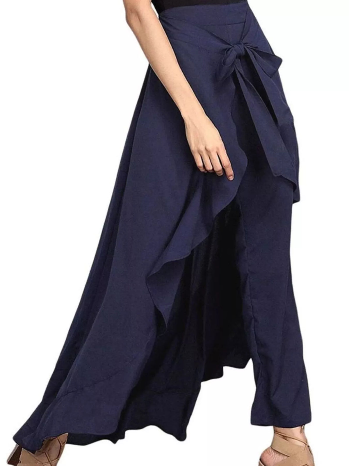 High-waisted tie-front ruffled wide-leg pants, Navy Blue