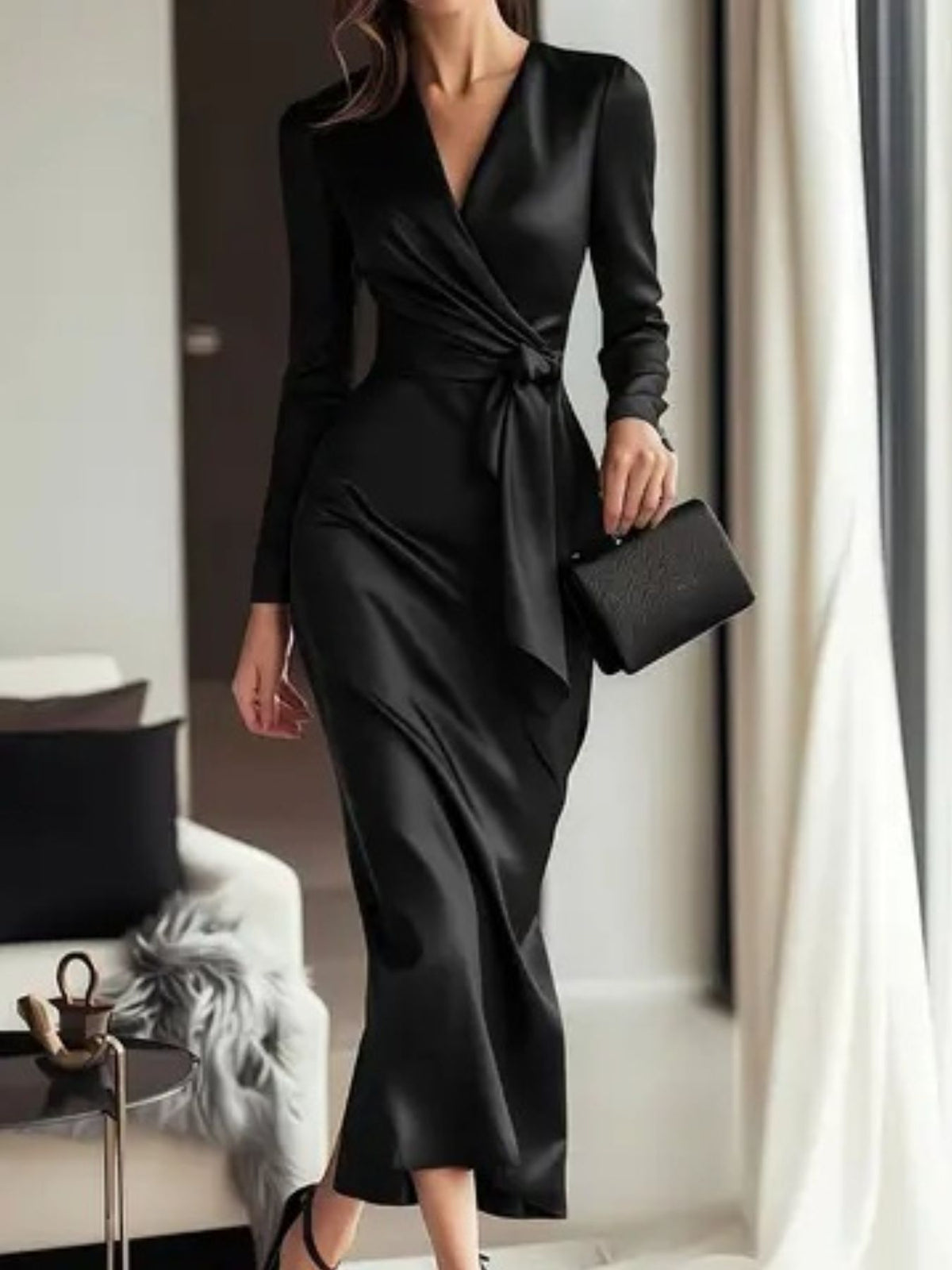 Satin tie-waist dress – black
