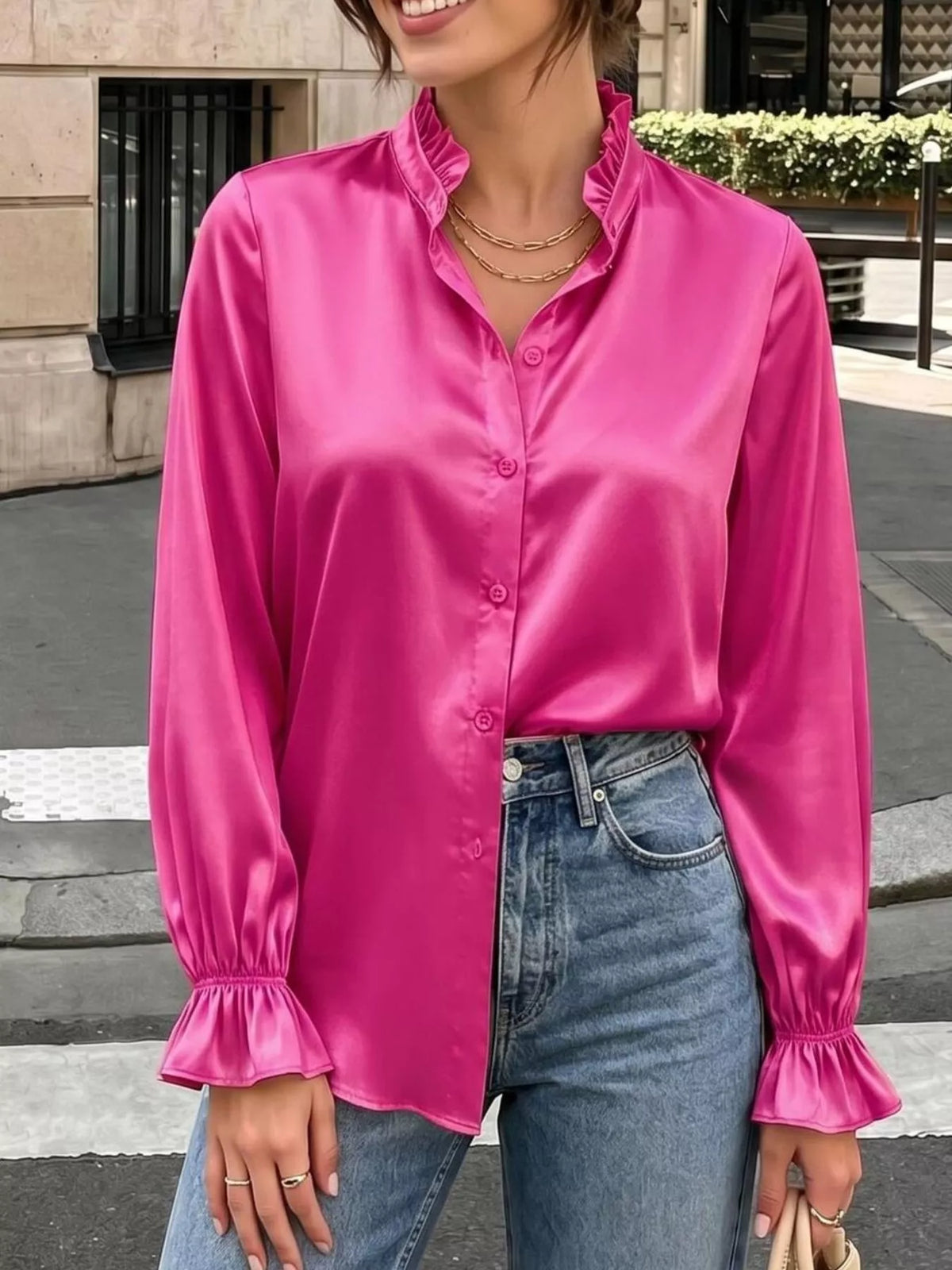 Ruffle-trim satin shirt – rose red