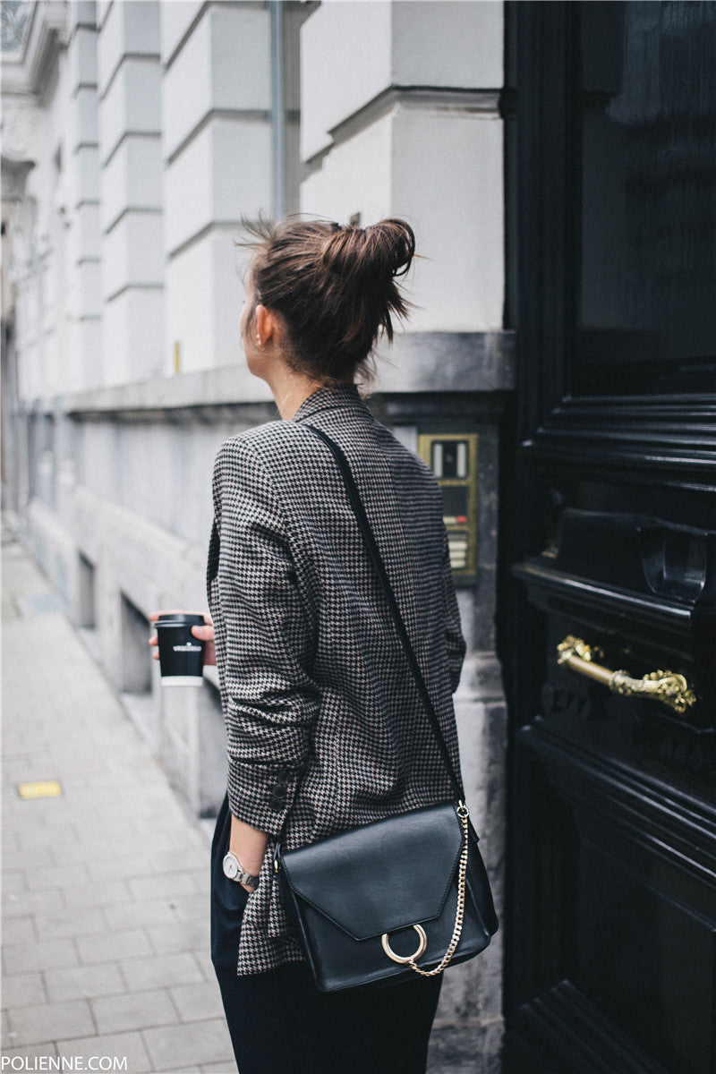 Houndstooth wool-blend coat