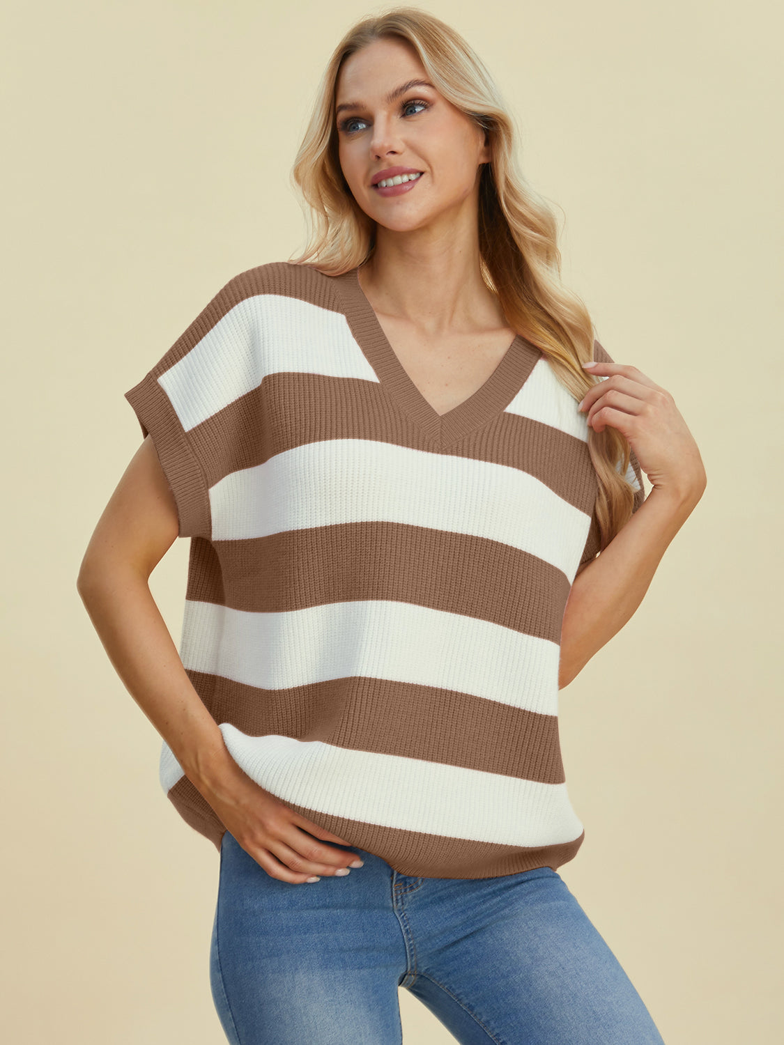 Striped V-neck short sleeve sweater